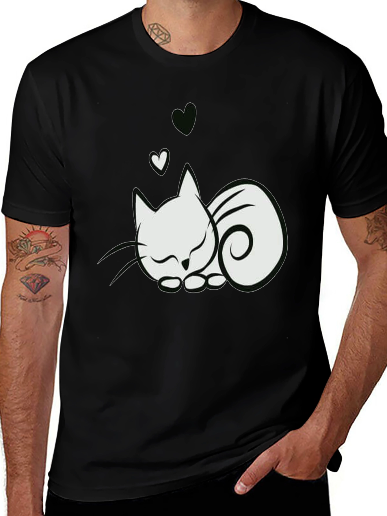 Variant 17 of Cute Cat & Hearts Graphic Tee - Black T-Shirt