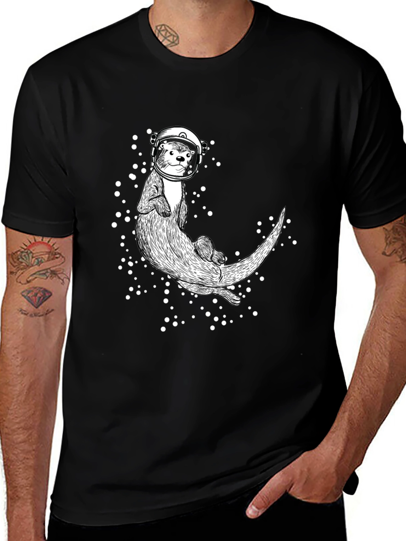 Variant 25 of Astronaut Otter Graphic T-Shirt - Black Cotton Tee