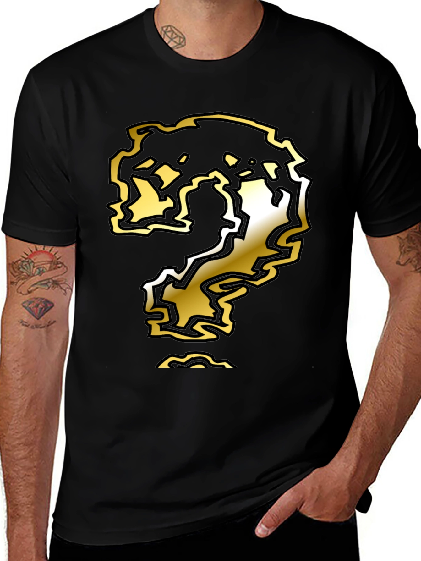 Variant 4 of Mystery Mark Tee: Black Shirt with Gold Question Mark Design