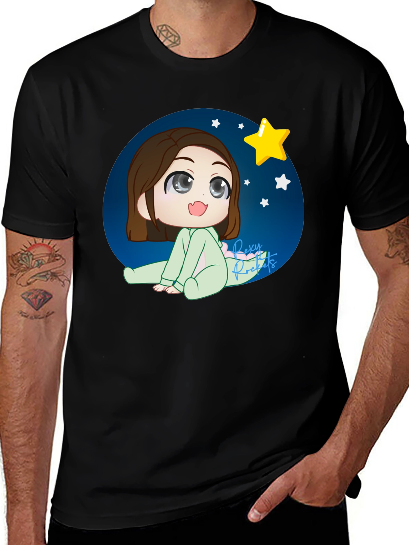 Anime Girl Starry Night Black T-Shirt