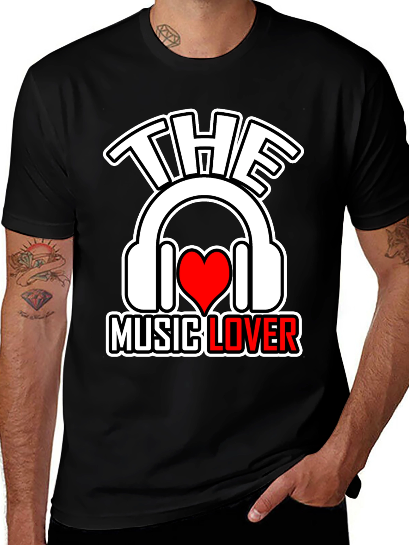 Black The Music Lover T-Shirt - Headphones & Heart main image