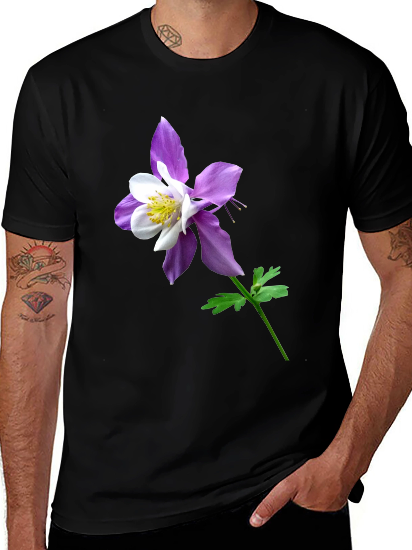 Variant 18 of Columbine Flower Graphic Tee - Black Cotton Blend