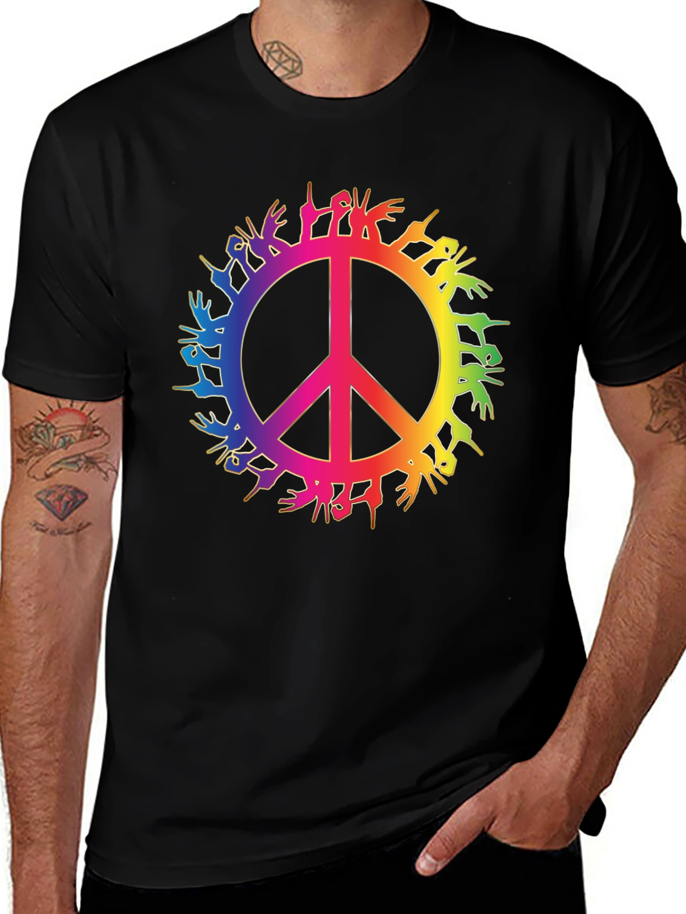 Rainbow Peace Sign Graphic T-Shirt - Black