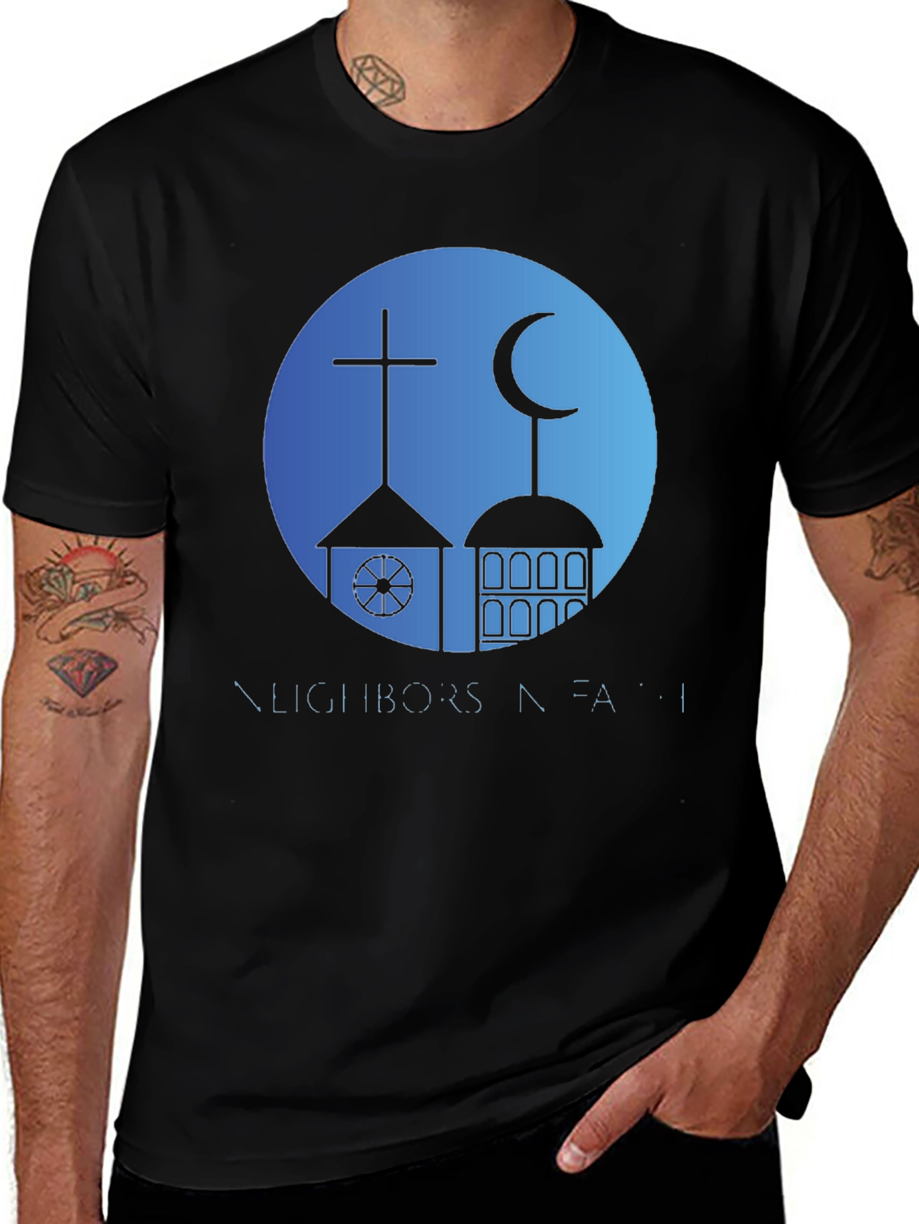 Black Neighbors in Faith T-Shirt - Religious Harmony Design main image