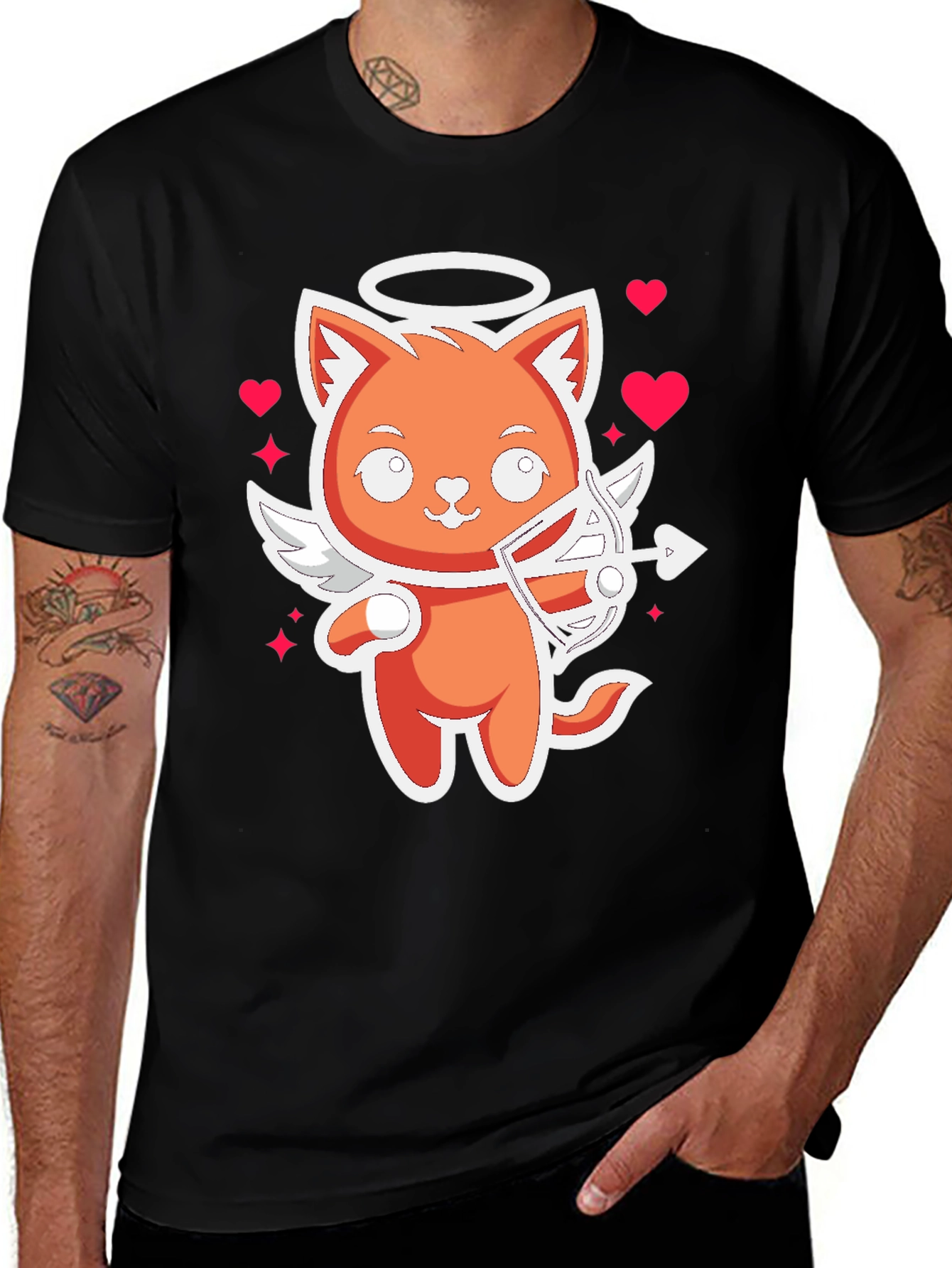 Variant 4 of Cupid Cat Black T-Shirt:  Angel Kitty Valentine's