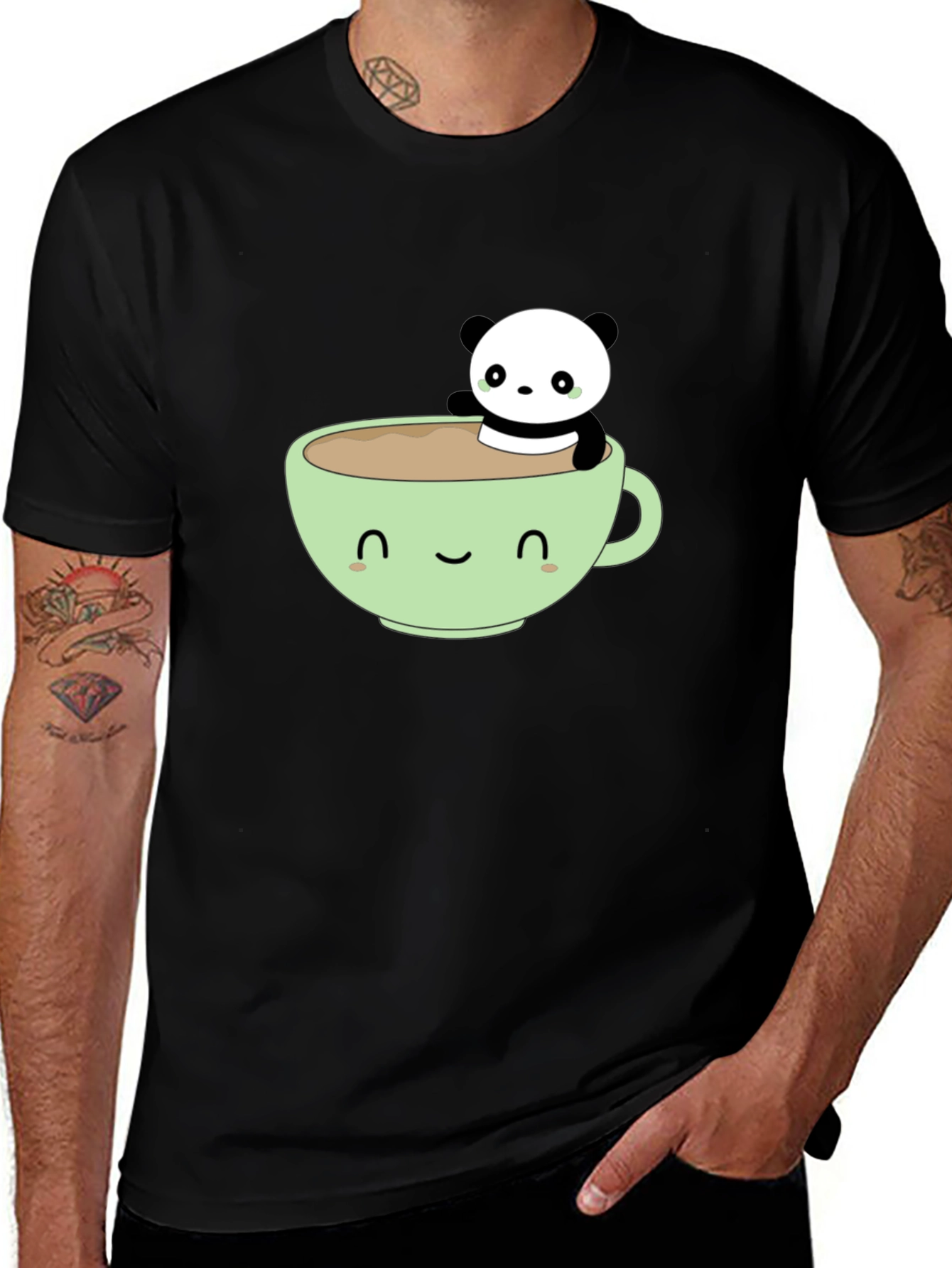 Variant 12 of Cute Panda in Coffee Cup Graphic Tee - Black