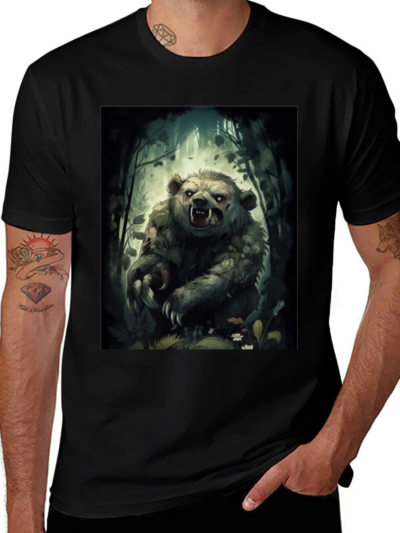Variant 18 of Men's Graphic T-Shirt: Zombie Bear Forest Design