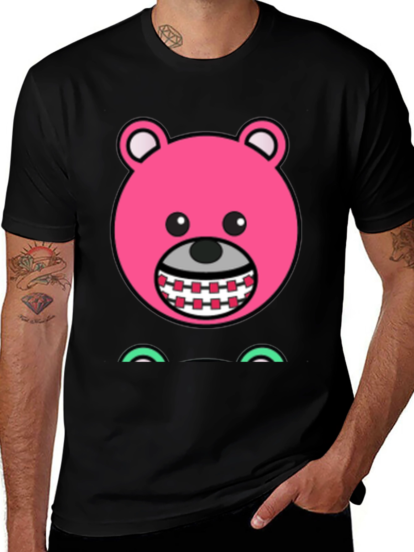 Variant 5 of Novelty Pink Bear Cartoon Graphic Black T-Shirt