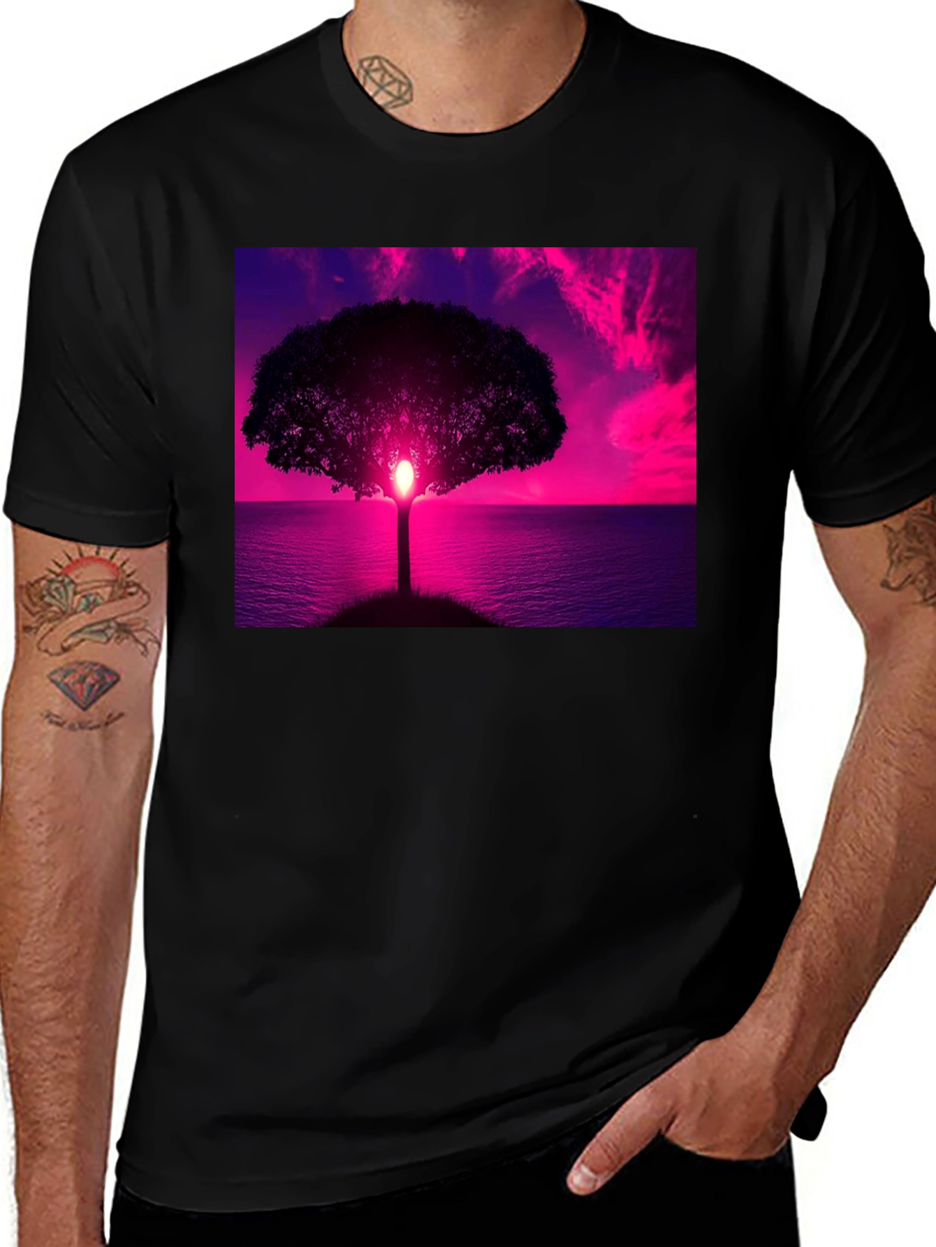 Black Sunset Tree Graphic Tee - Black Cotton Comfort main image