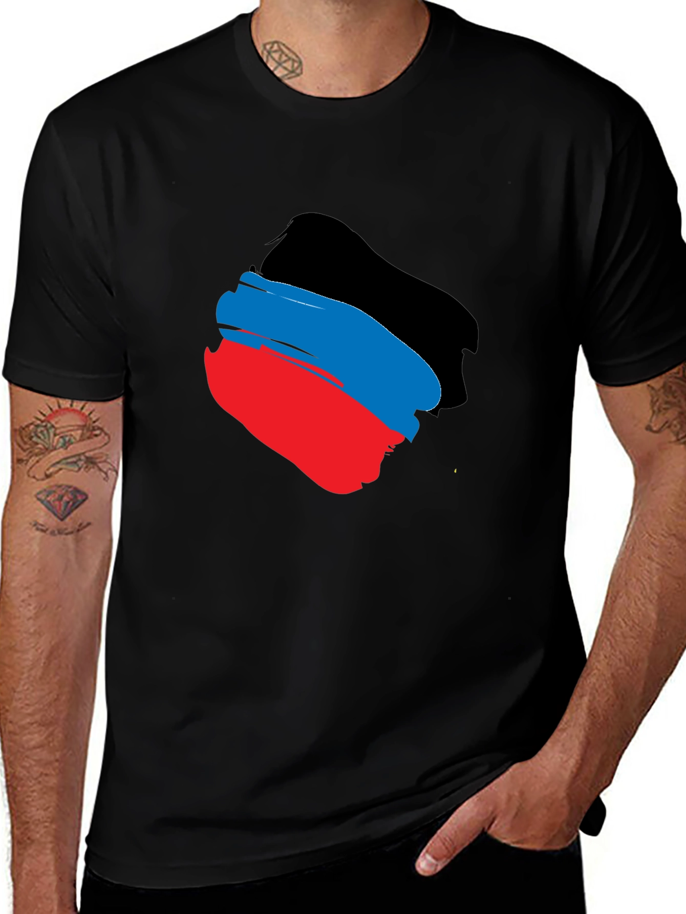 Variant 9 of Black T-Shirt with Tricolor Brushstroke Design