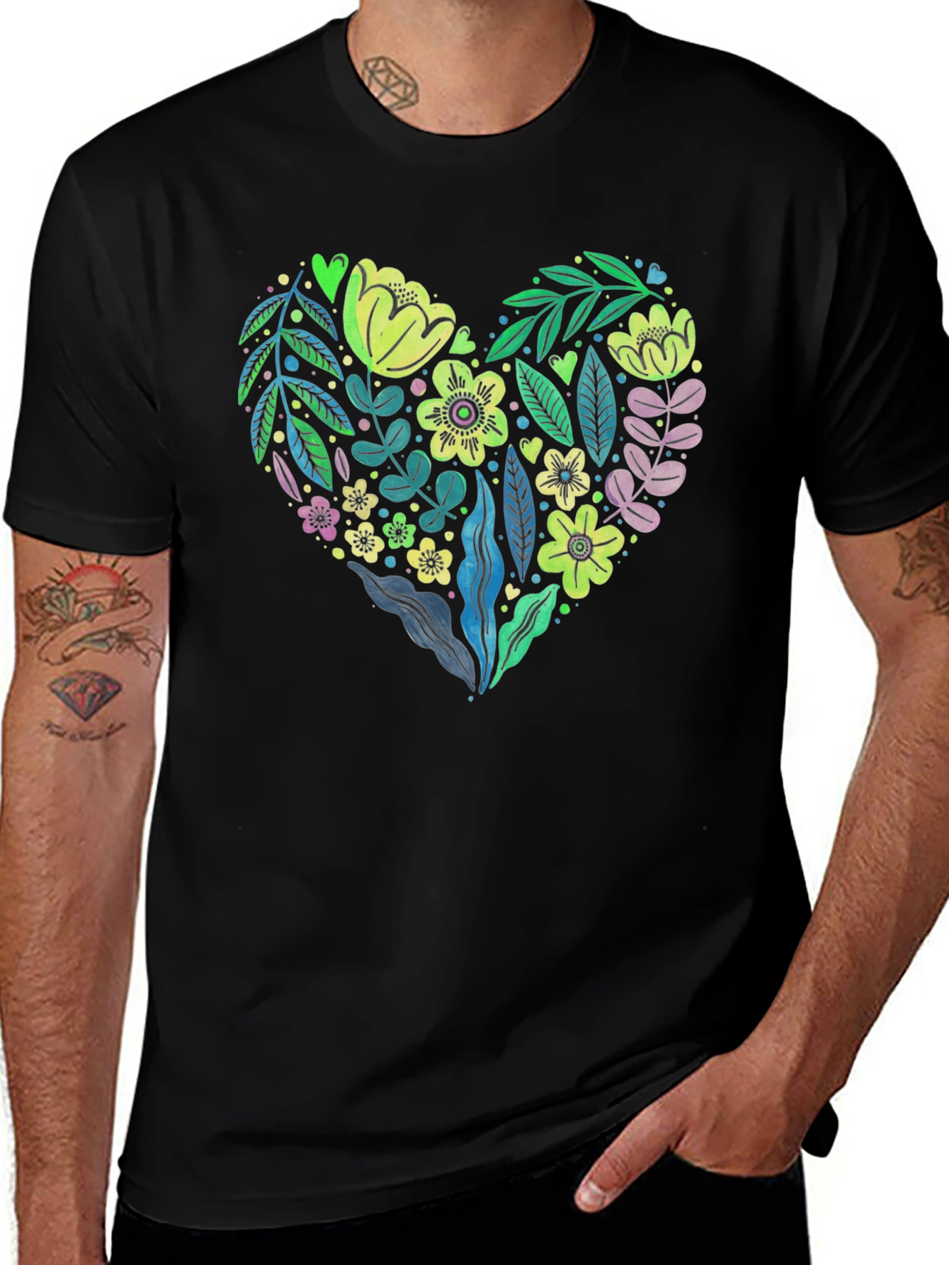 Variant 25 of Floral Heart Graphic Black T-Shirt