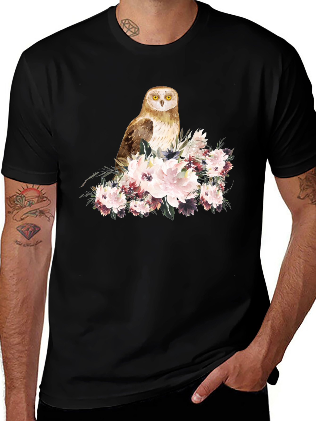 Variant 30 of Owl and Floral Black T-Shirt