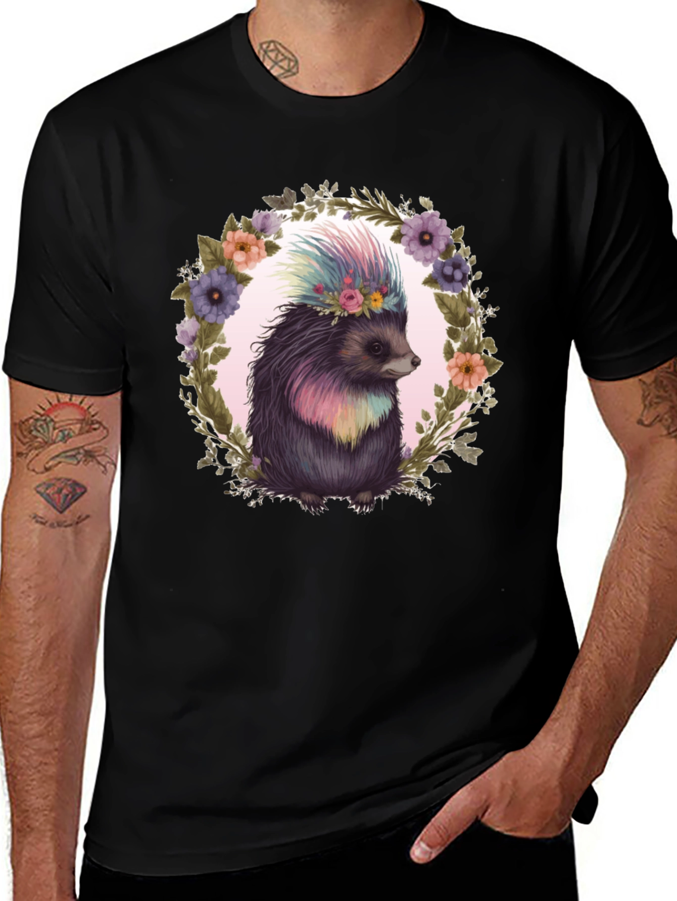 Black Floral Hedgehog Graphic Tee main image