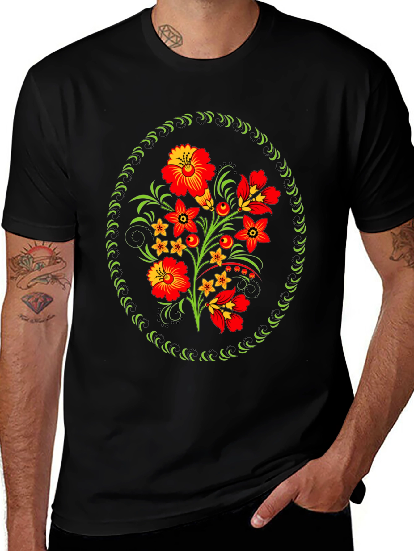 Variant 20 of Floral Folk Art Graphic Tee - Black Cotton