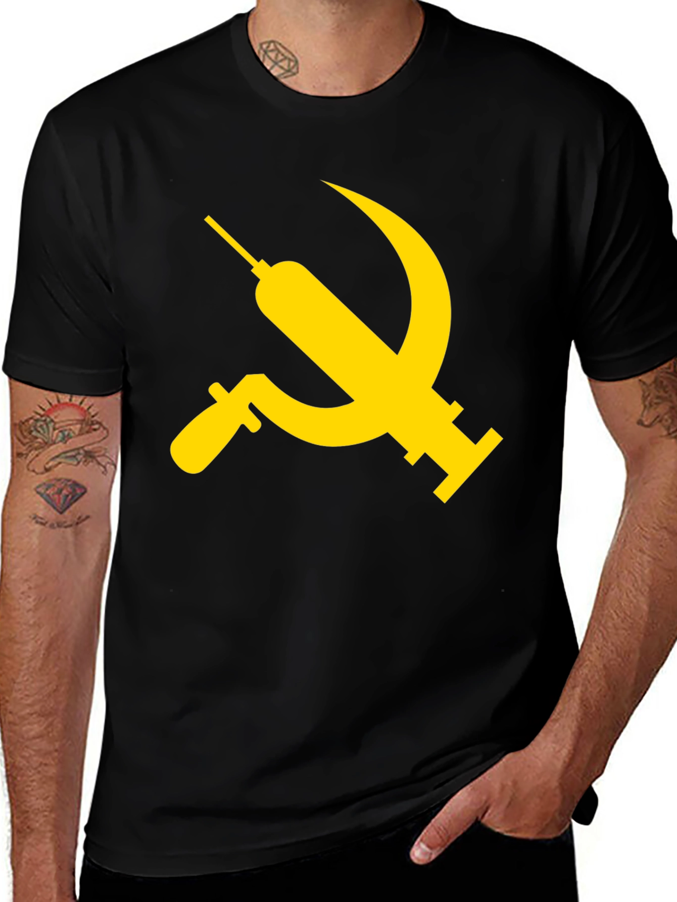 Variant 18 of Novelty Vaccine Syringe Sickle T-Shirt
