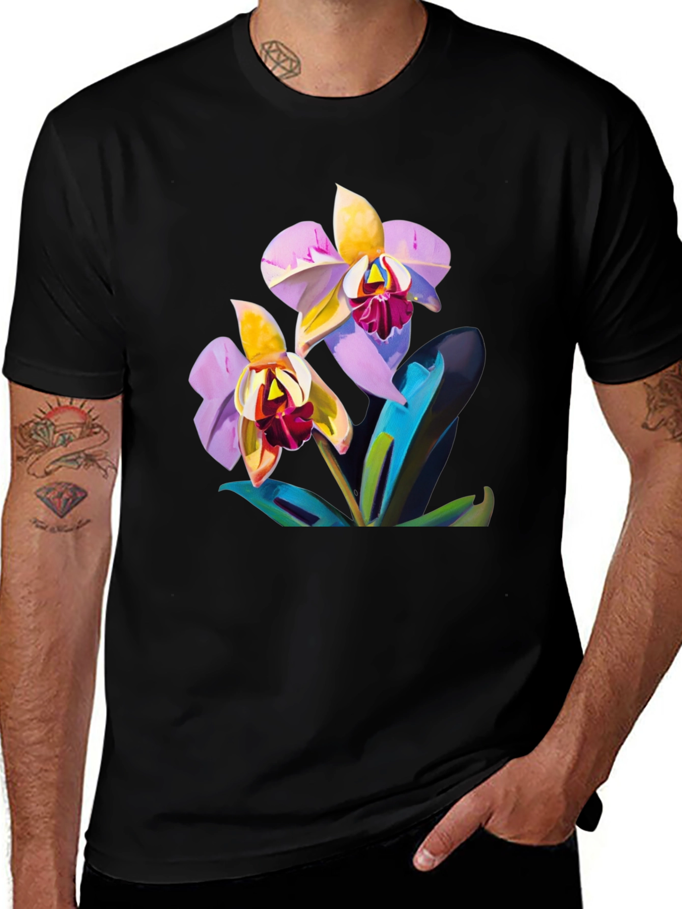Variant 16 of Floral Orchid Print Black T-Shirt