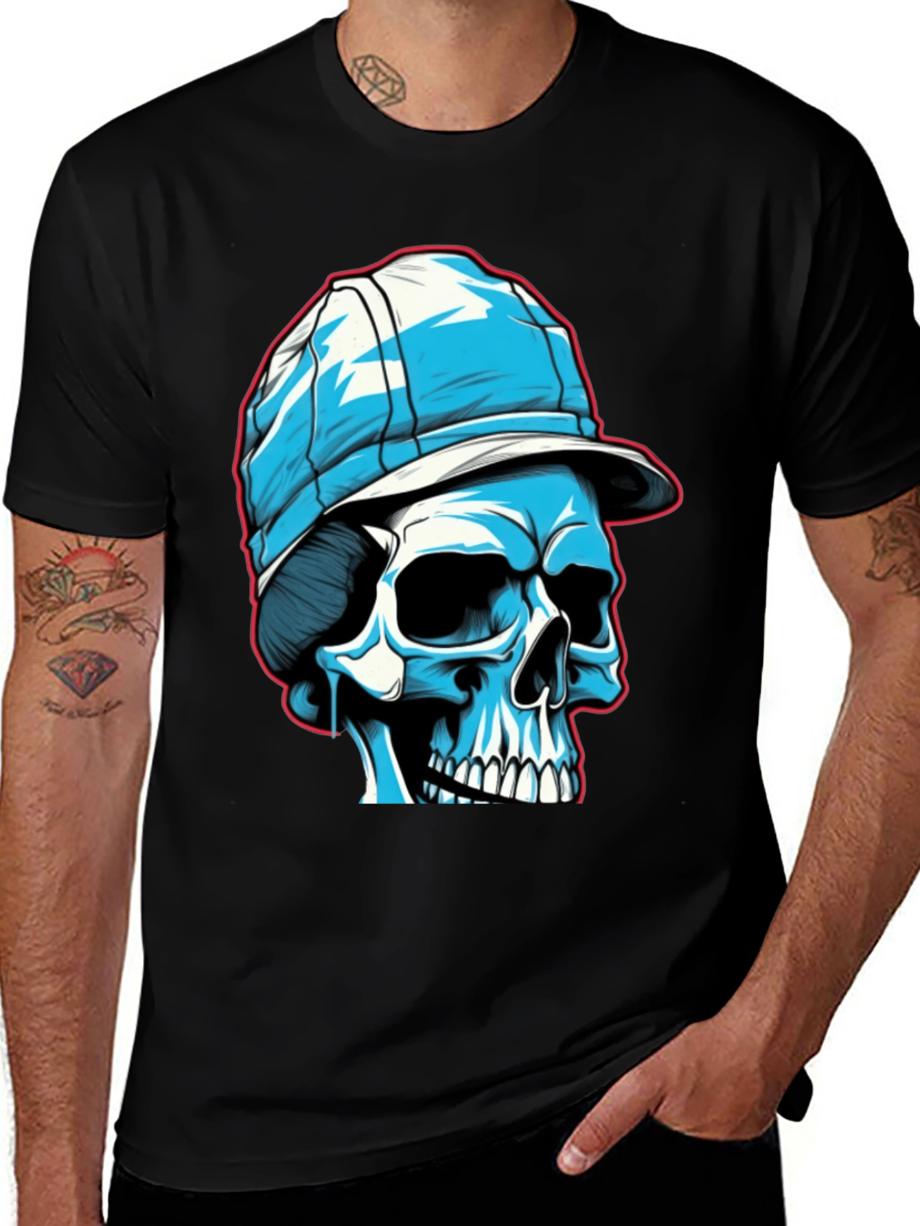 Variant 18 of Skull in Cap Graphic Tee - Black Cotton Blend