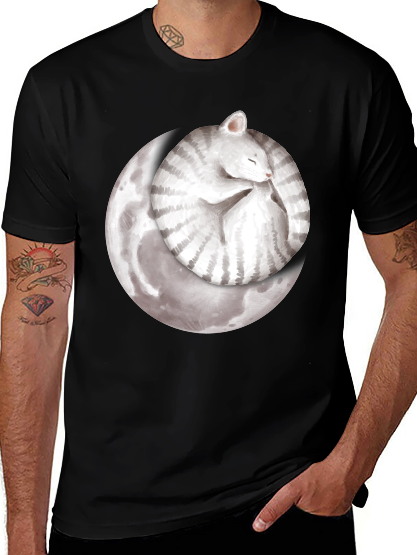 Variant 25 of Moon Cat Black T-Shirt - Sleepy Celestial Kitten Tee