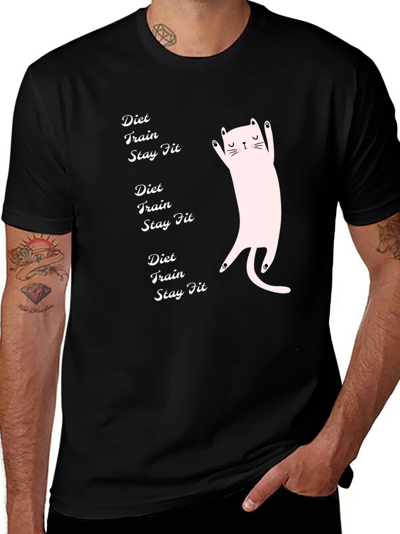 Variant 24 of Diet Train Stay Fit Black T-Shirt with Cat Graphic