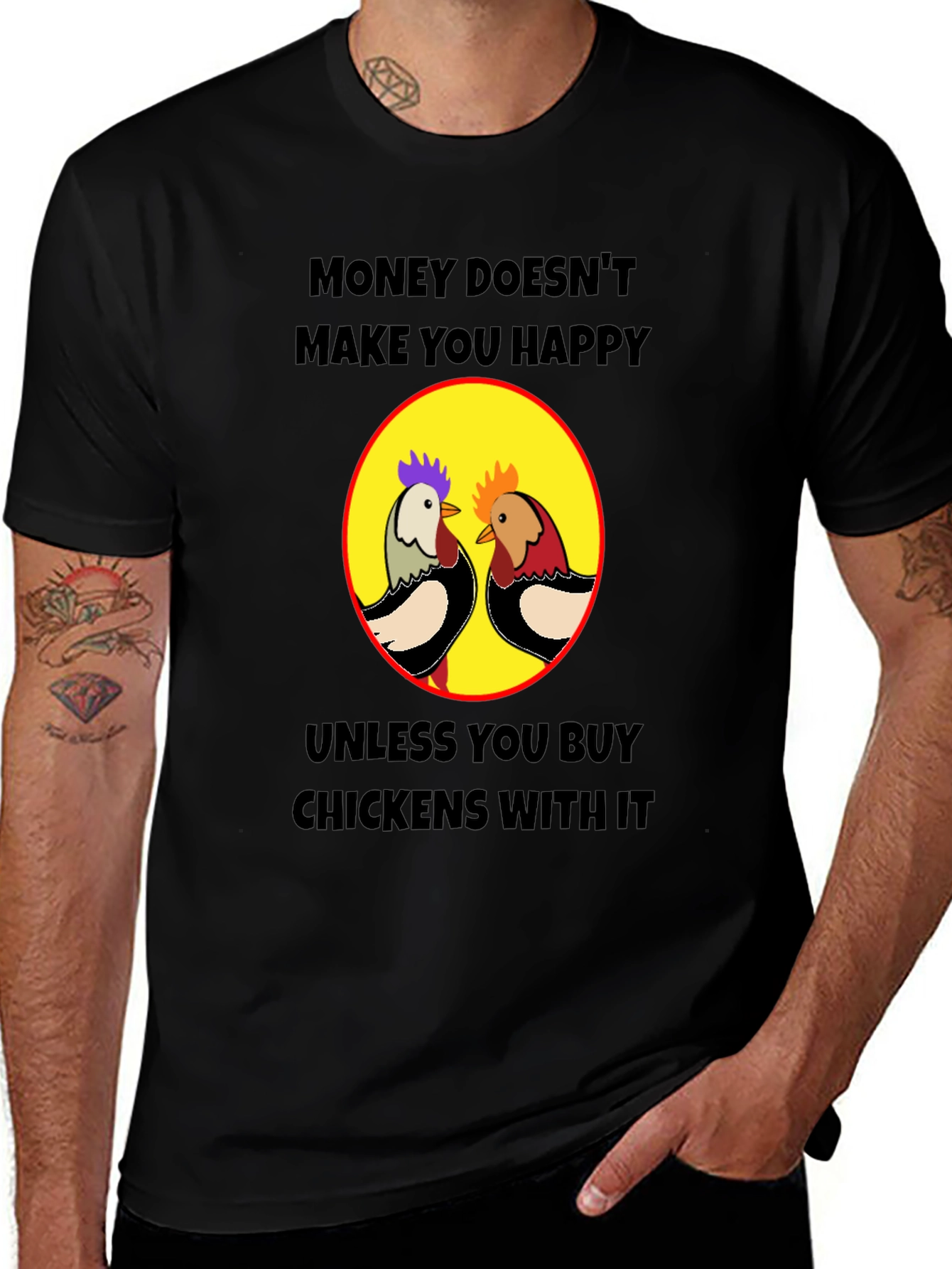 Variant 27 of Funny Chicken T-Shirt: Money Doesn't Buy Happiness