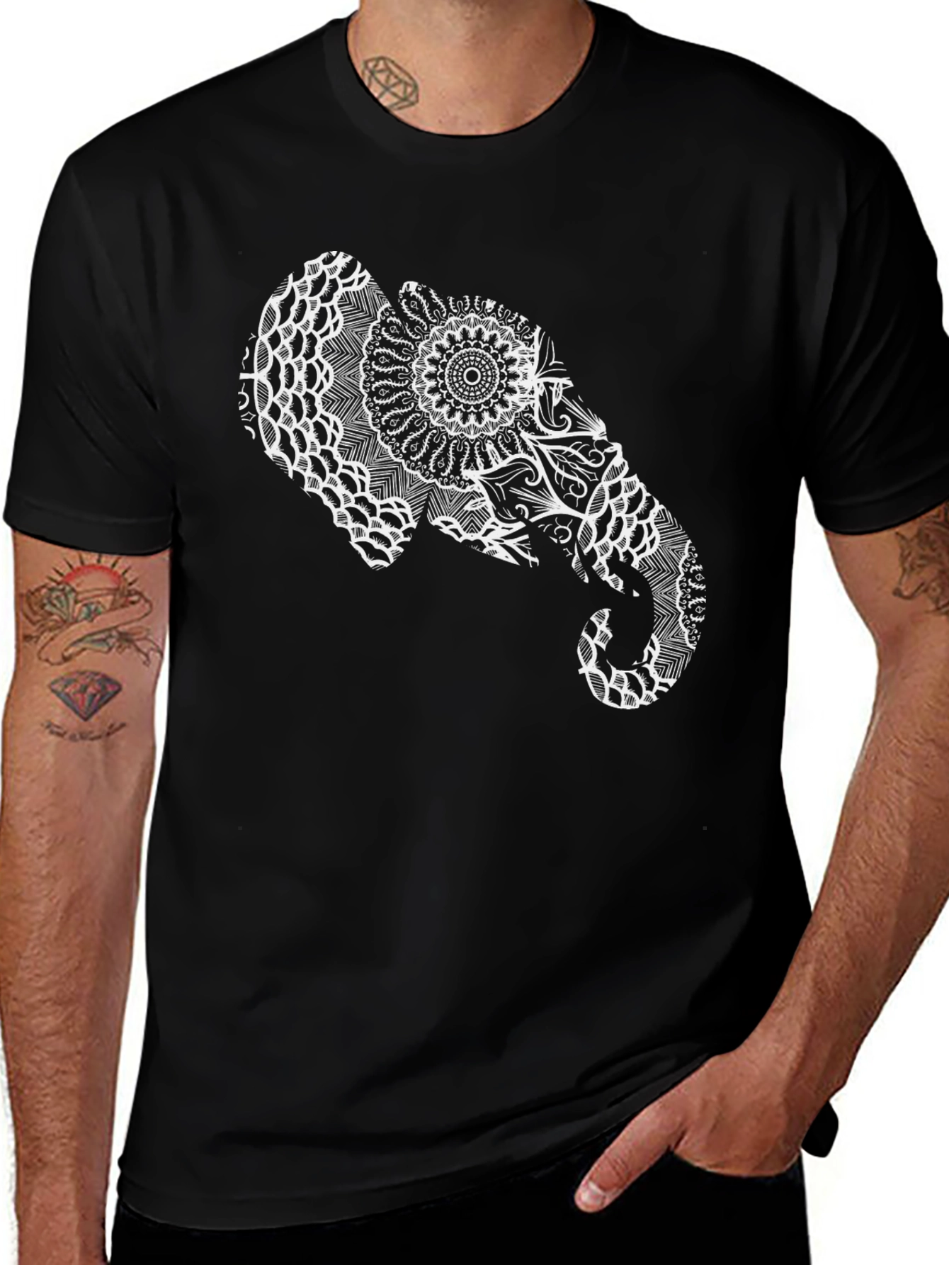 Variant 19 of Elephant Mandala Graphic Tee - Black Cotton Casual Shirt