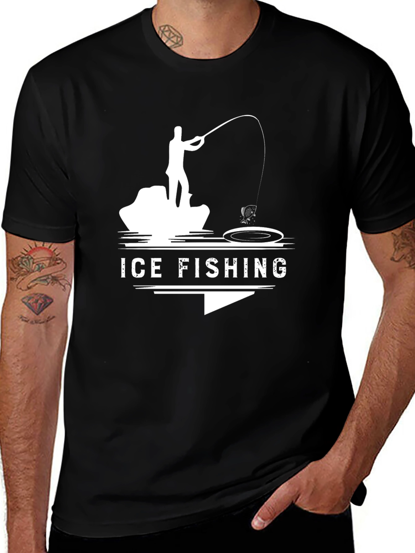 Ice Fishing Graphic Tee - Black Cotton T-Shirt