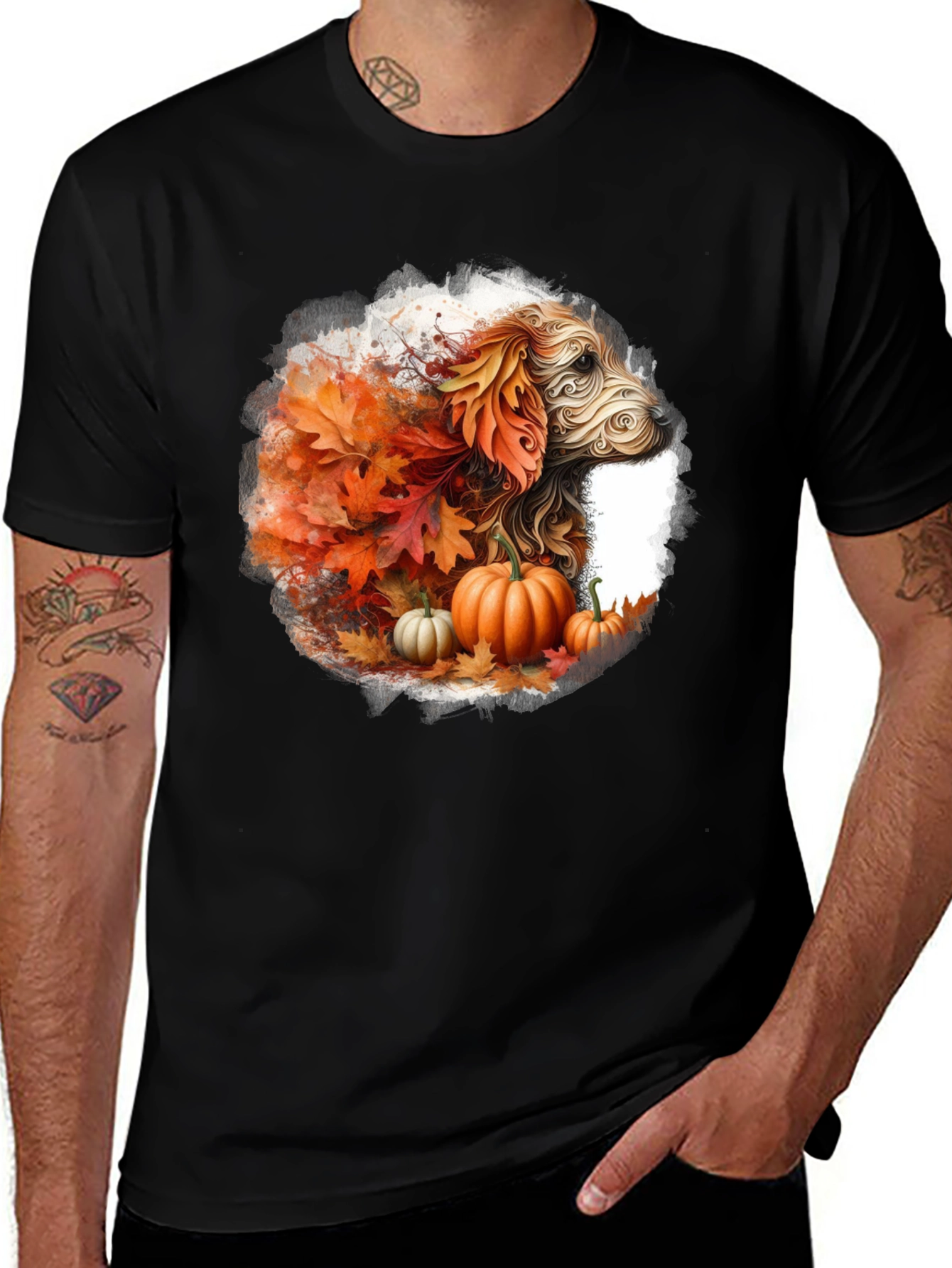 Variant 10 of Fall Dog T-Shirt: Autumn Leaves & Pumpkin Design