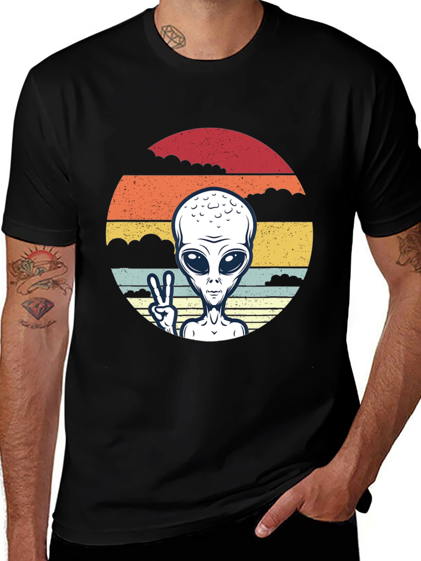 Variant 9 of Retro Alien Peace Sign Graphic Tee - Black