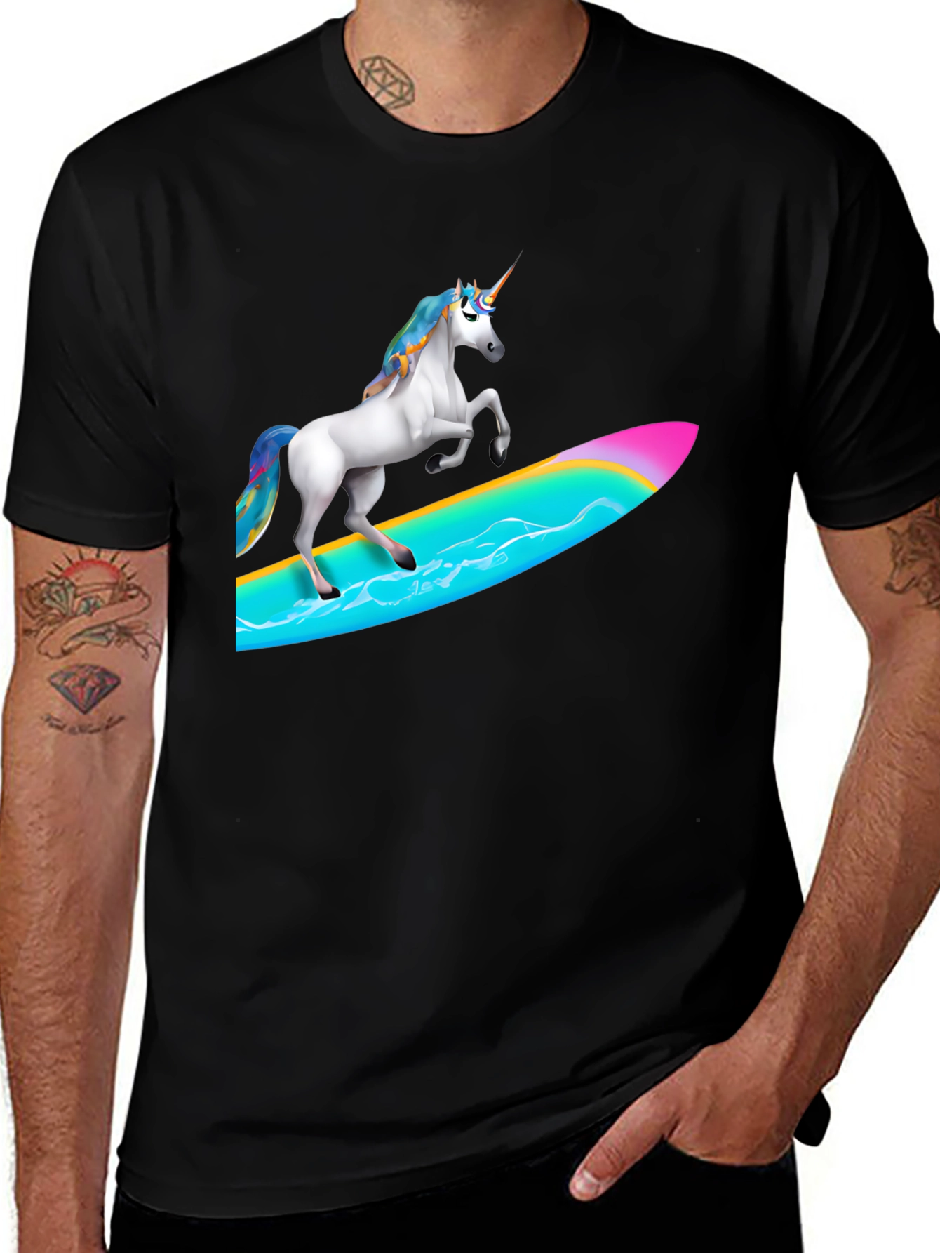 Variant 7 of Surfing Unicorn Graphic Tee - Black Cotton Blend T-Shirt