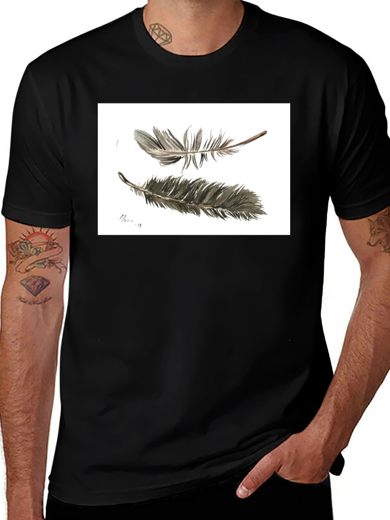 Variant 22 of Feather Sketch Tee - Black Graphic T-Shirt