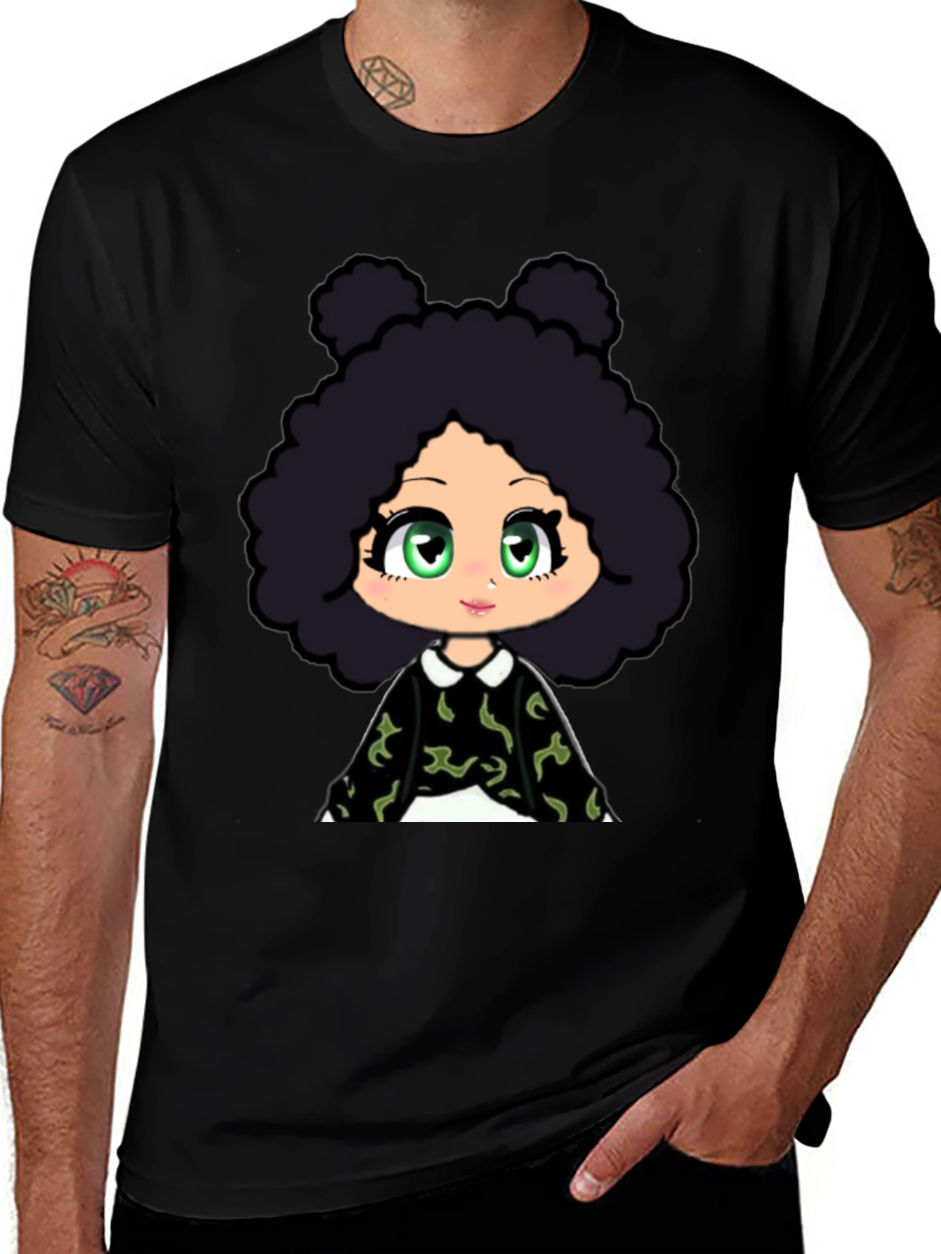 Variant 7 of Cartoon Girl Graphic T-Shirt - Black Crew Neck