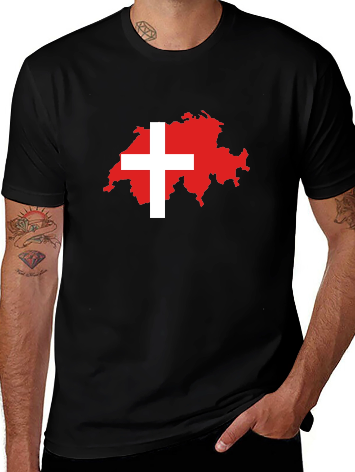 Swiss Flag Map Black T-Shirt