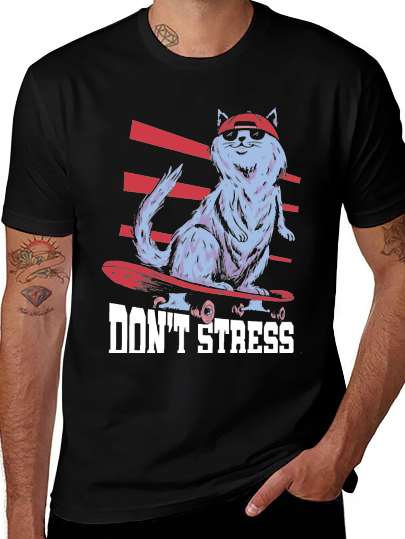 Variant 16 of Cool Cat Skateboard T-Shirt - Don't Stress