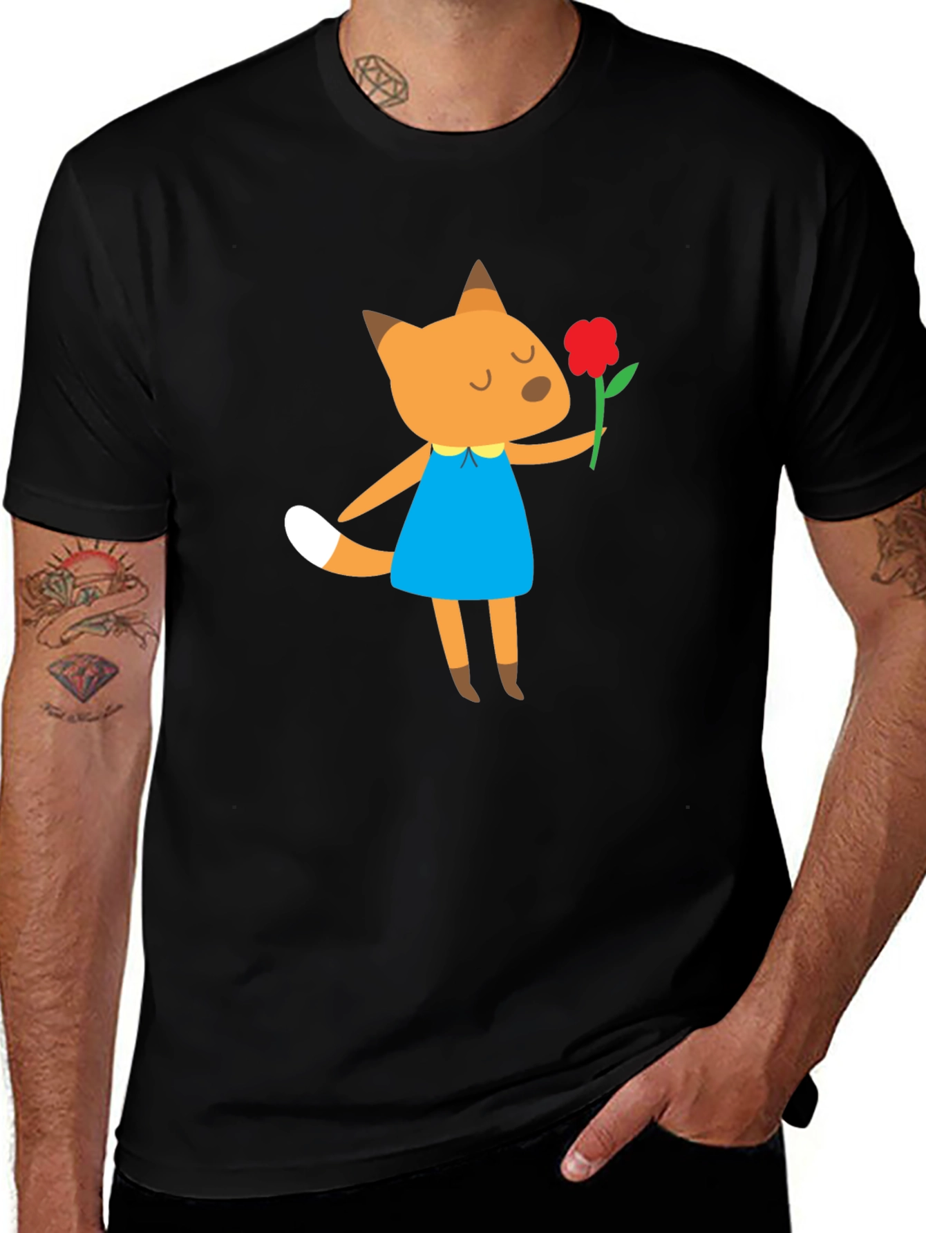 Variant 23 of Cute Cartoon Fox with Flower Graphic Tee - Black T-Shirt