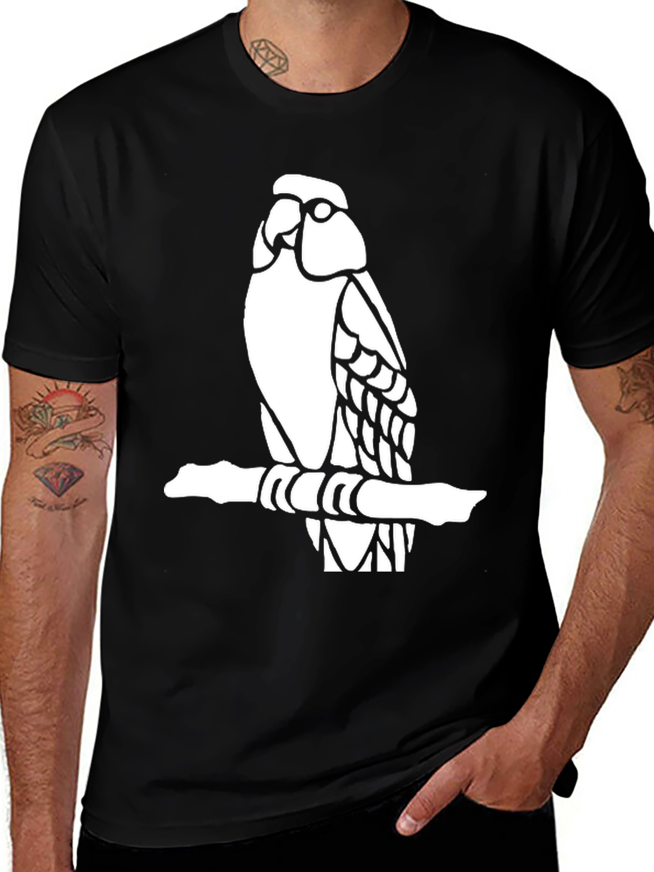 Black Parrot on Branch Graphic Tee - Black Cotton Blend main image