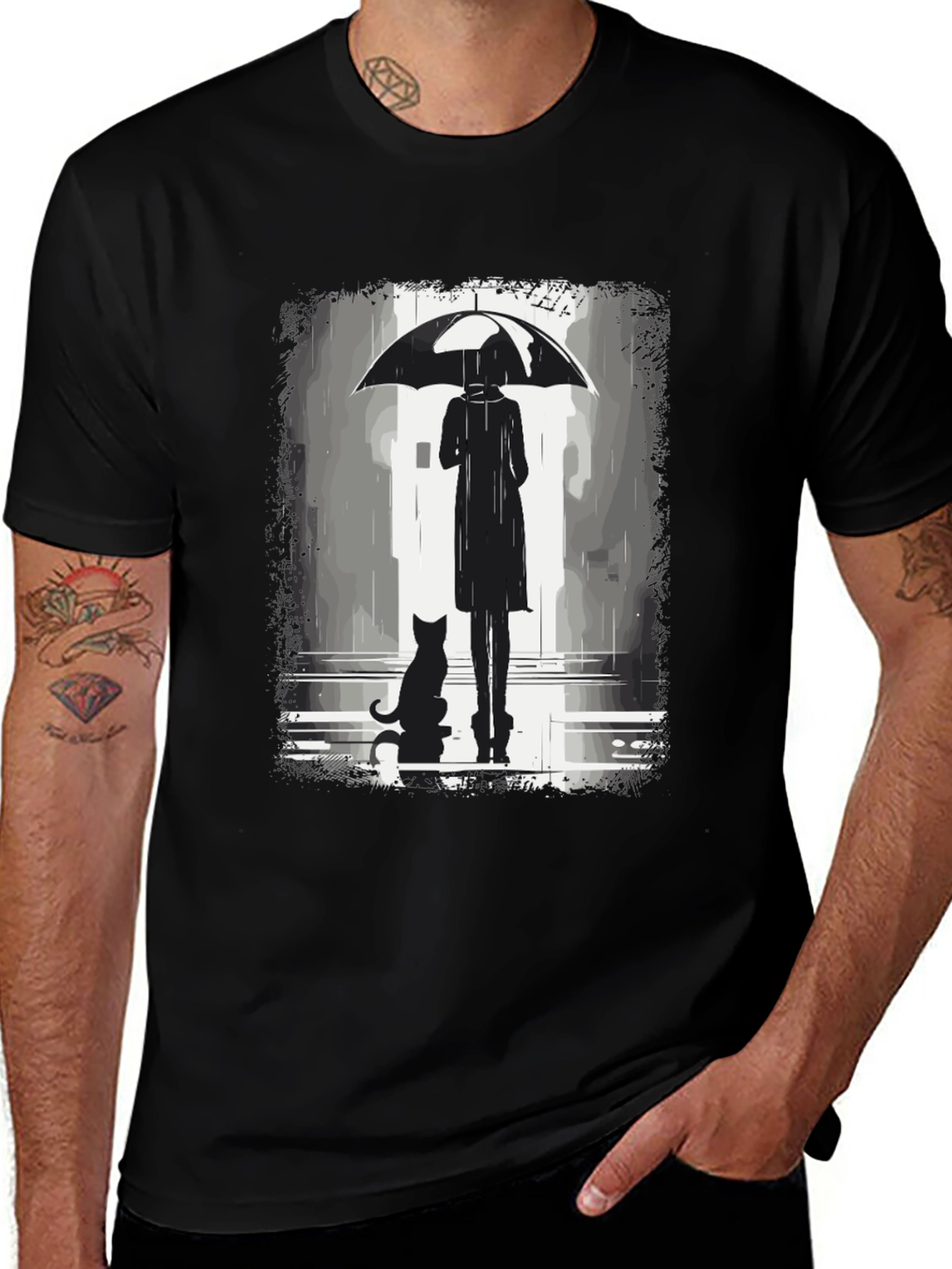 Rainy Day T-Shirt: Woman, Cat, & Umbrella