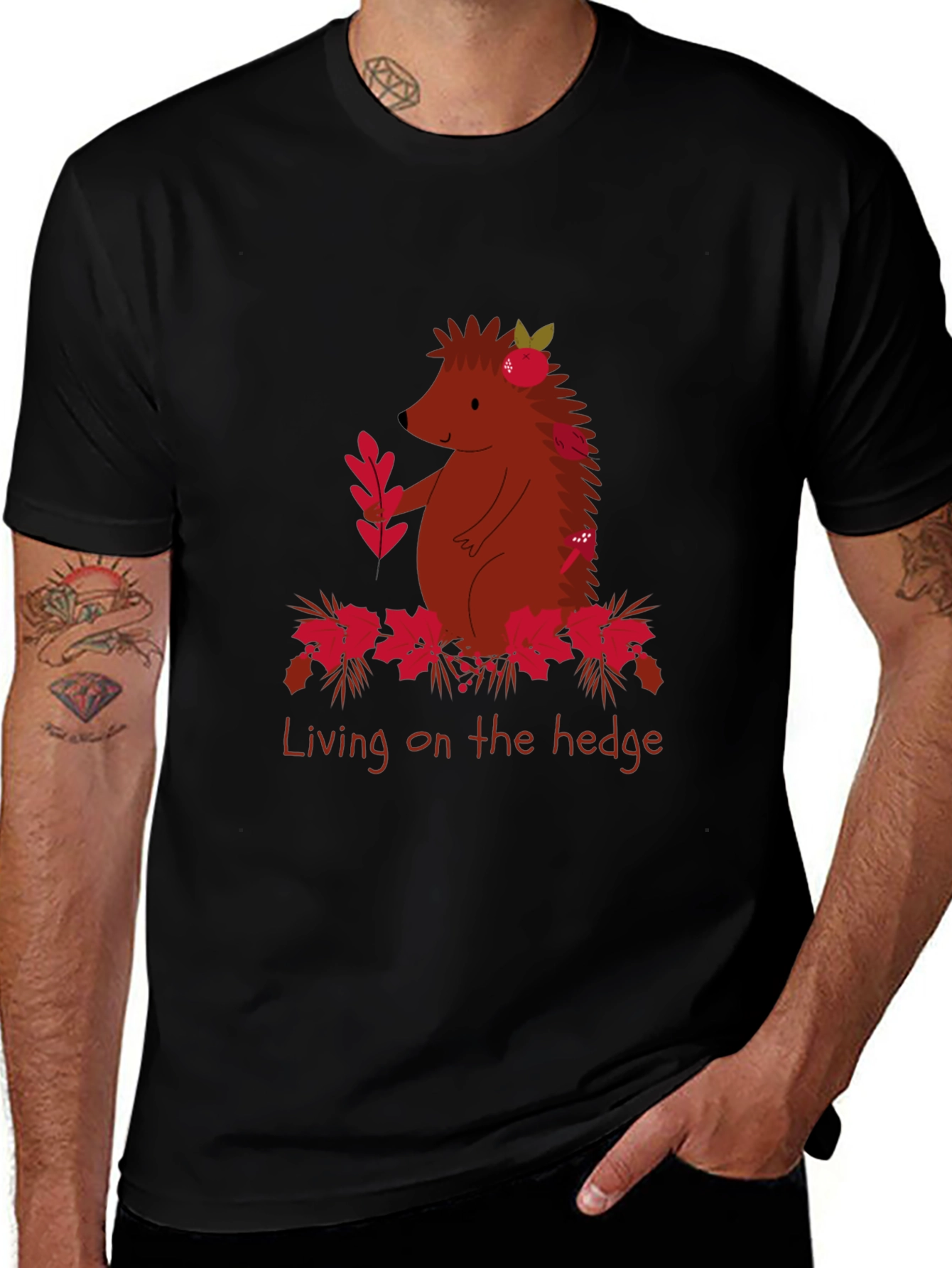 Variant 23 of Hedgehog Graphic Tee - "Living on the Hedge" Black T-Shirt