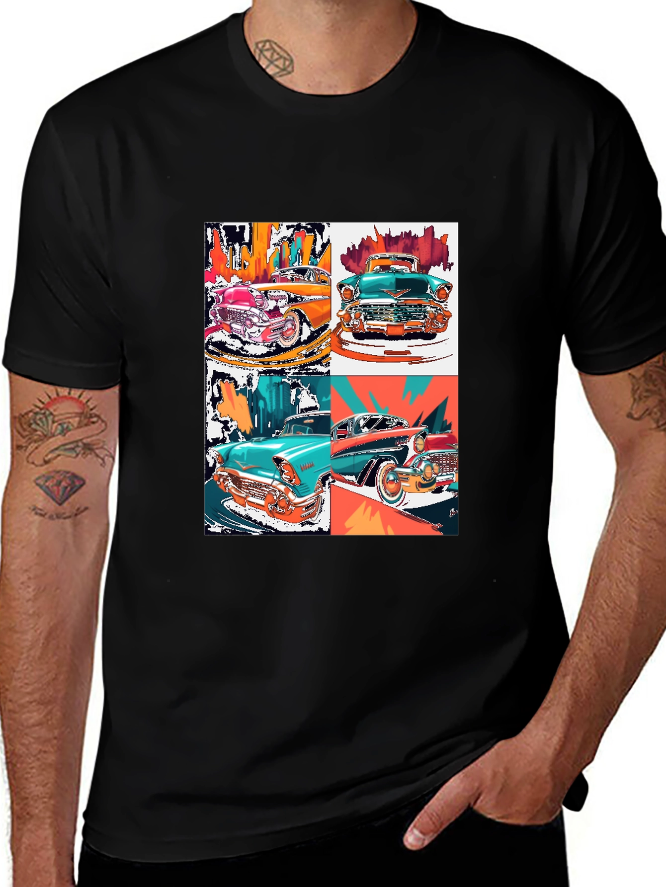 Retro Car Collage Black T-Shirt