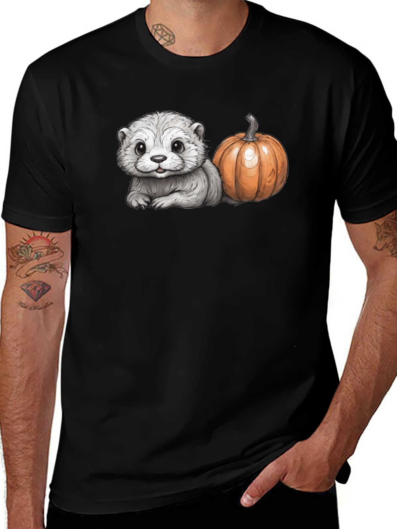 Variant 4 of Cute Otter & Pumpkin Black T-Shirt