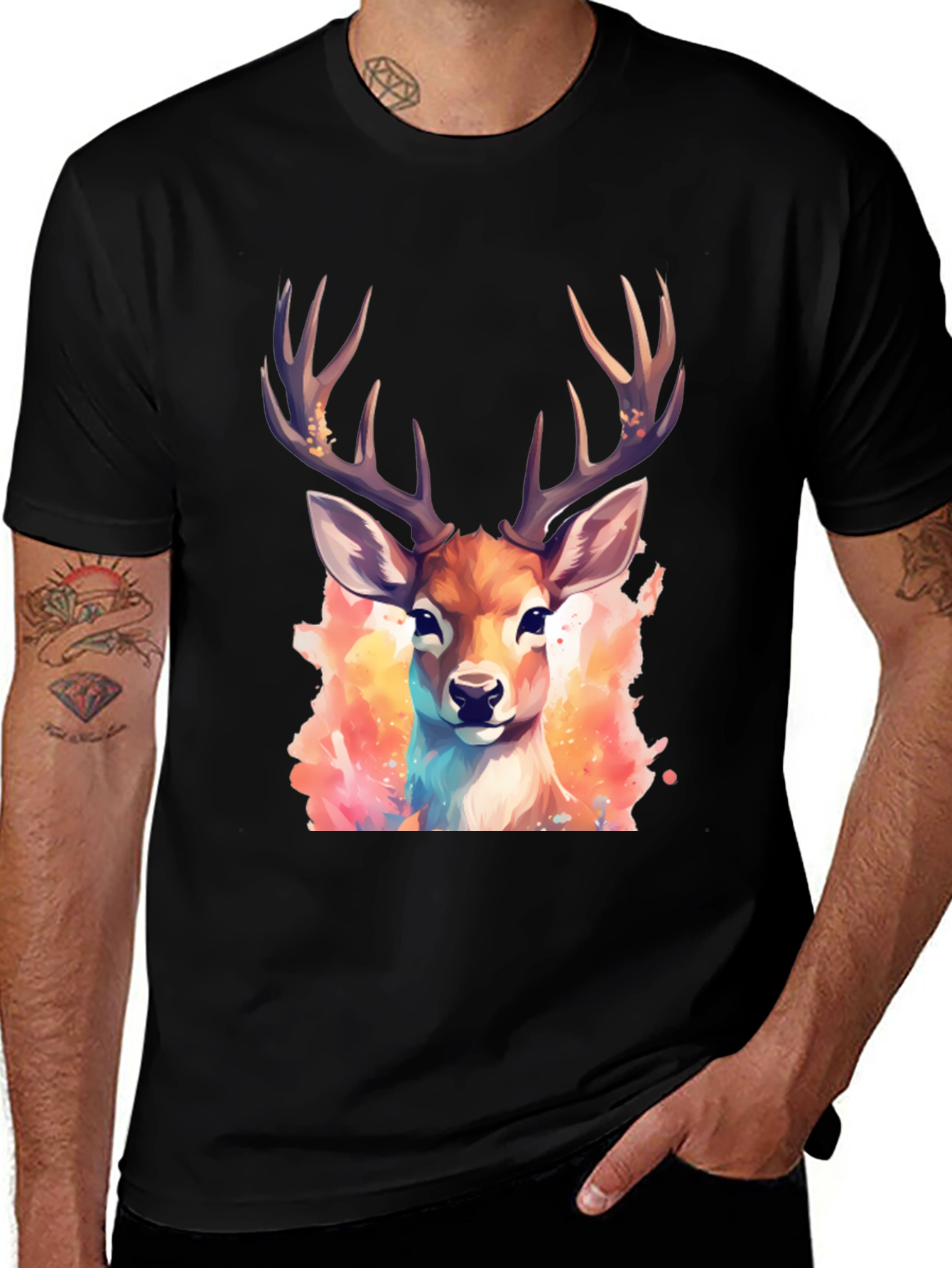 Variant 19 of Watercolor Deer Graphic Print Black Tee