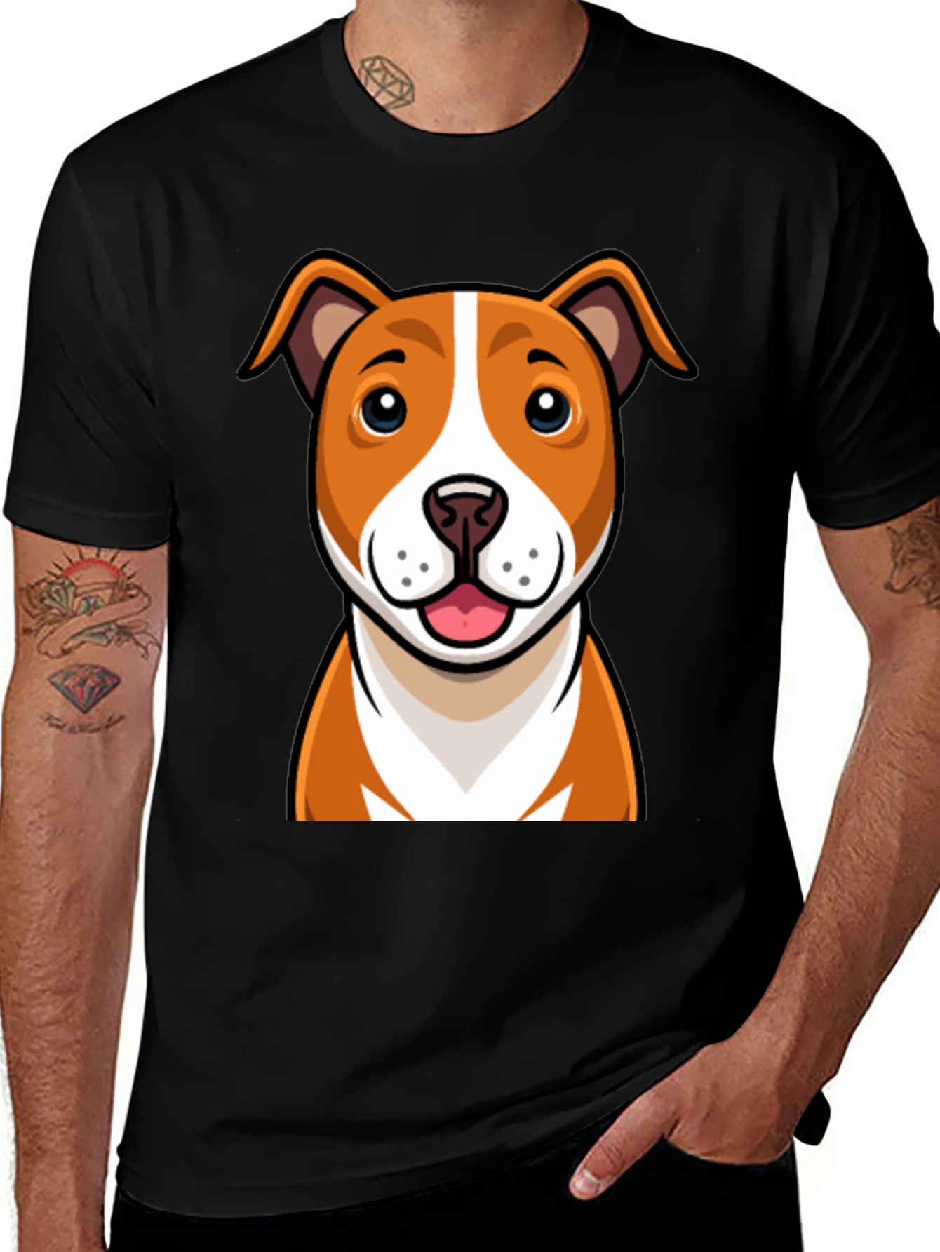 Cartoon Dog Graphic Tee - Black Crew Neck T-Shirt