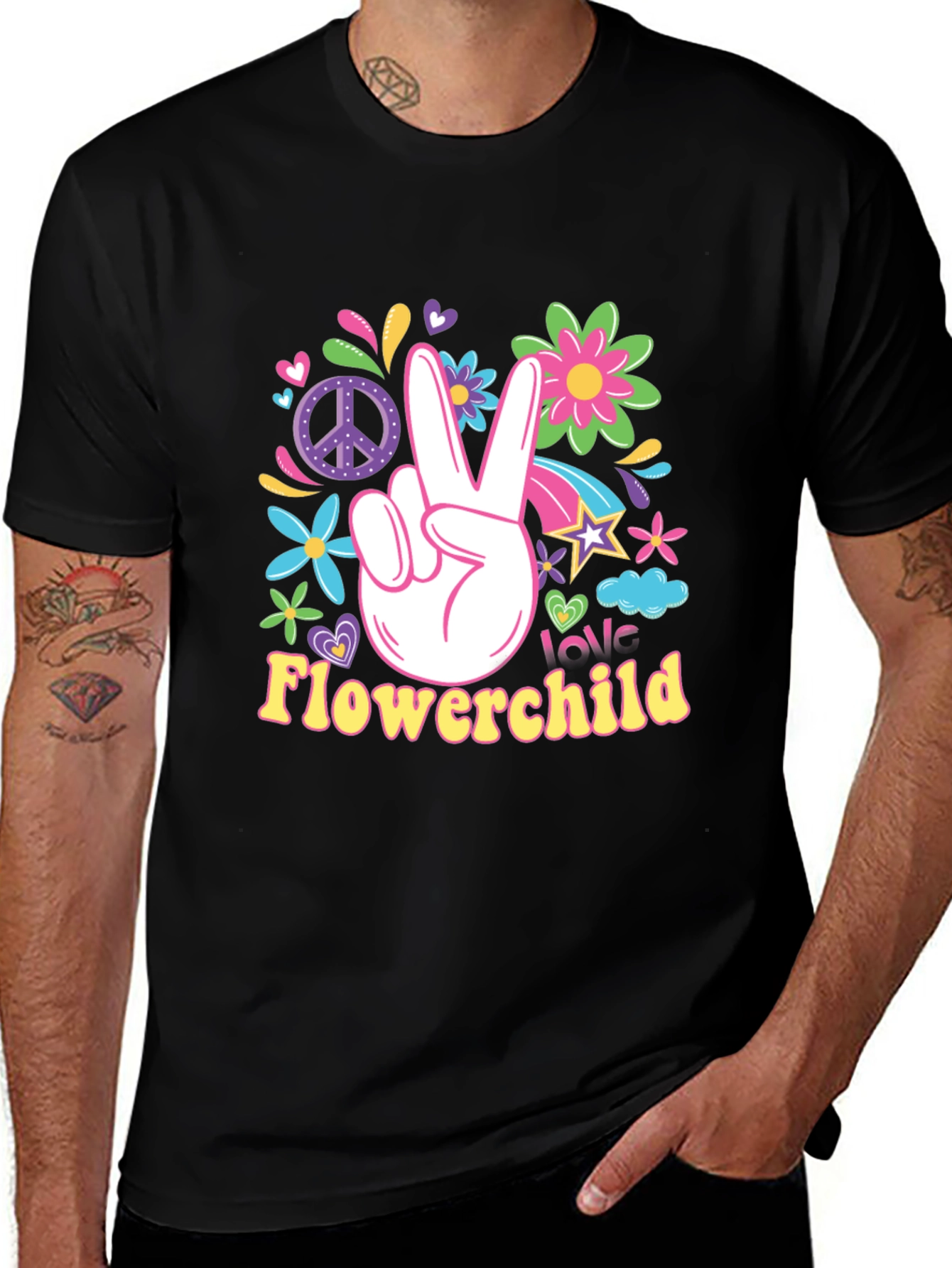 Variant 10 of Flowerchild Peace Sign Graphic Tee - Retro Hippie Style