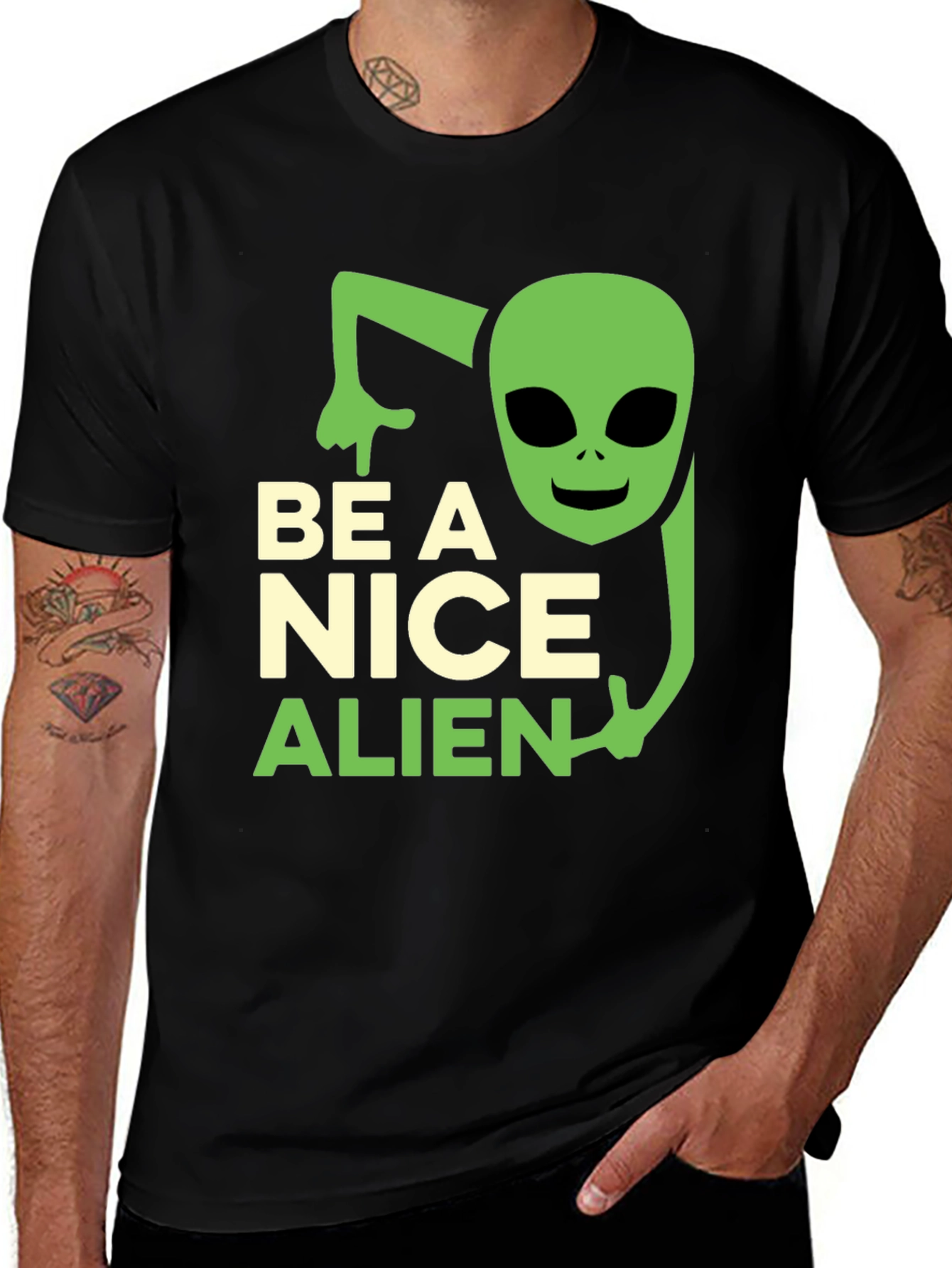 Variant 29 of Be A Nice Alien Graphic T-Shirt | Black Cotton Blend Tee