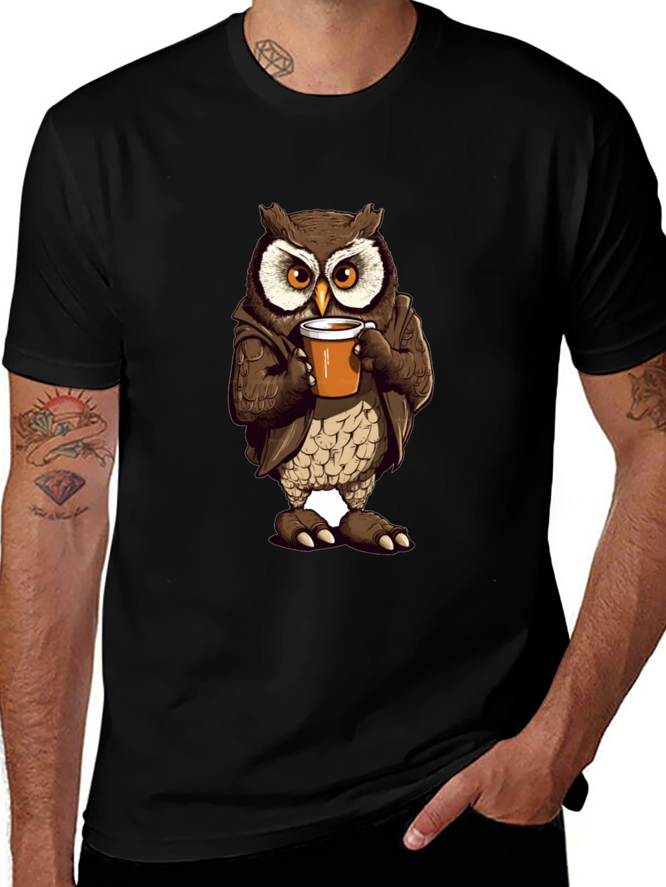 Variant 13 of Owl with Coffee T-Shirt - Unique Design