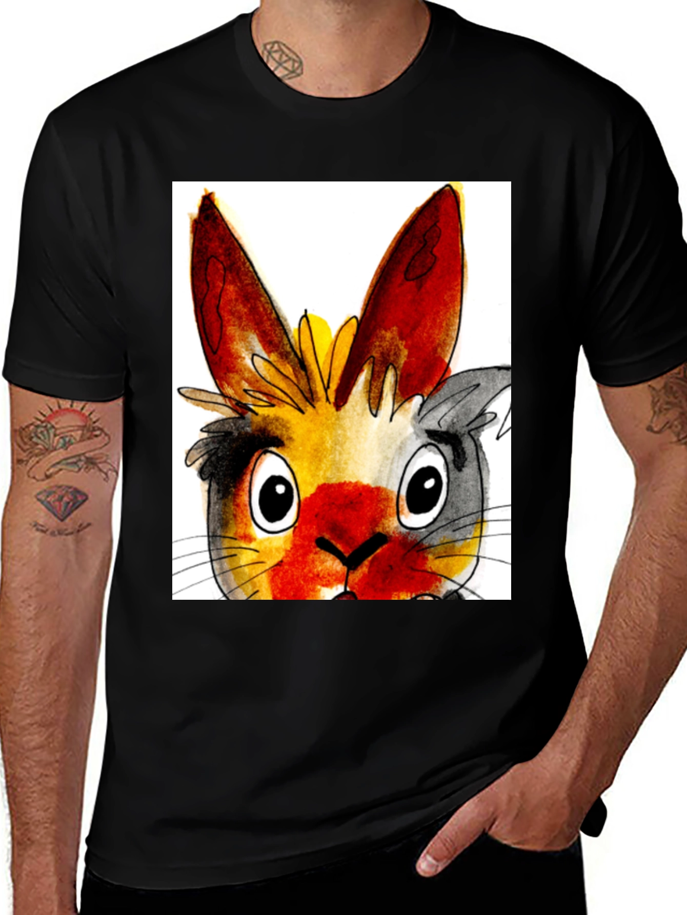 Variant 17 of Whimsical Rabbit Graphic Tee - Black Cotton T-Shirt