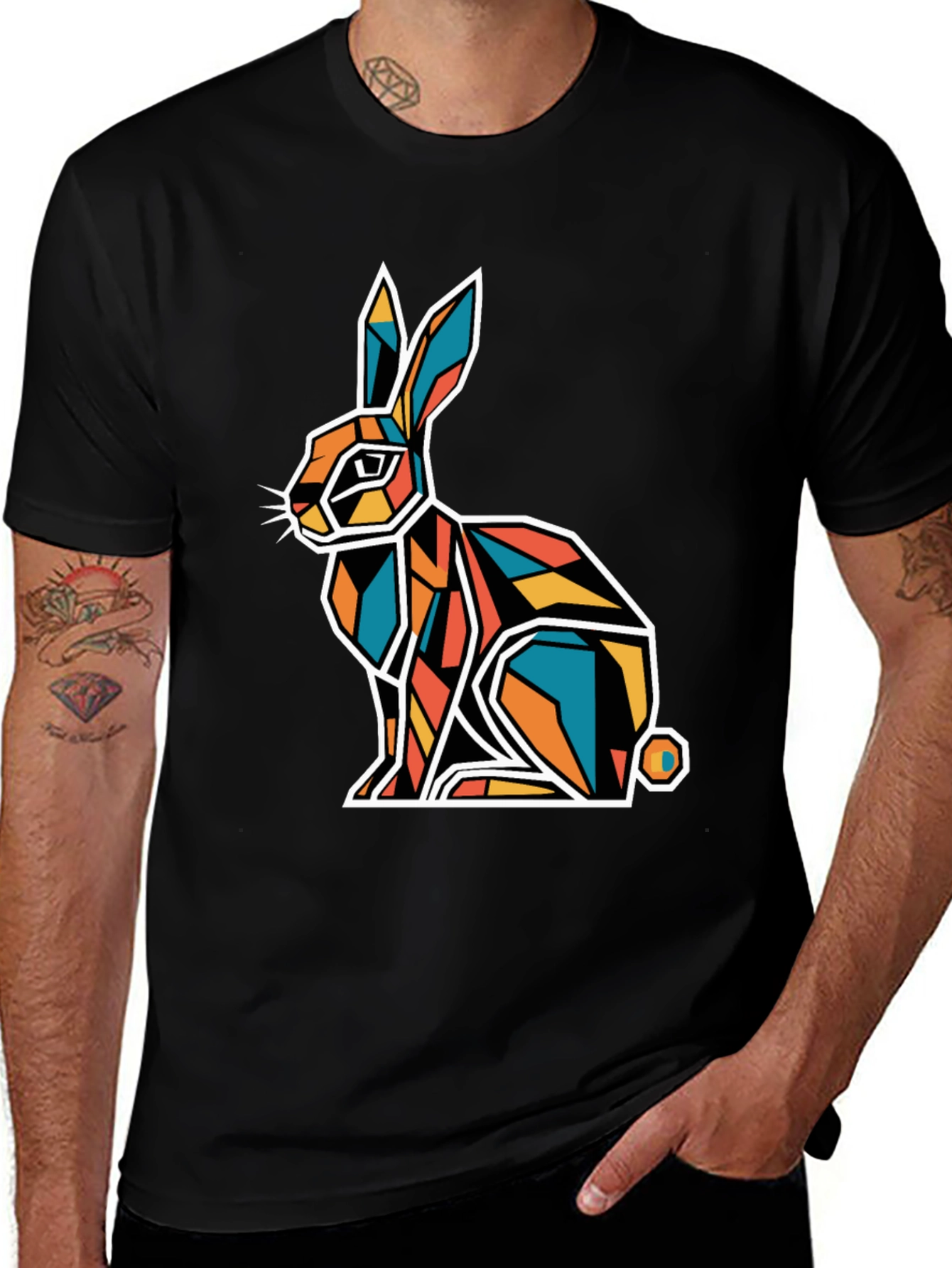 Variant 23 of Geometric Rabbit Graphic Black T-Shirt