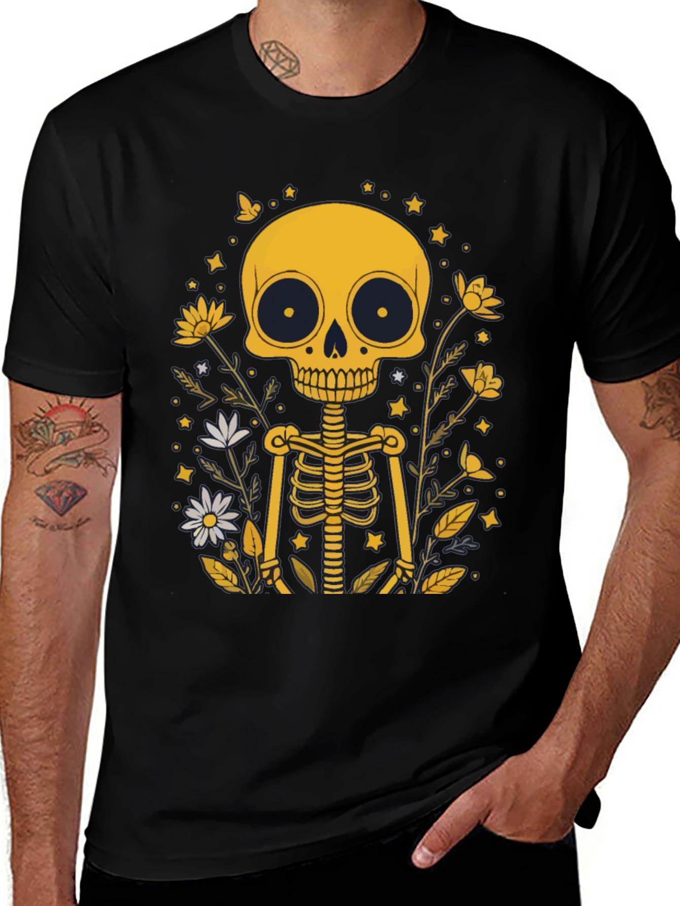 Black Skeleton Floral Graphic Tee - Black Unisex T-Shirt main image