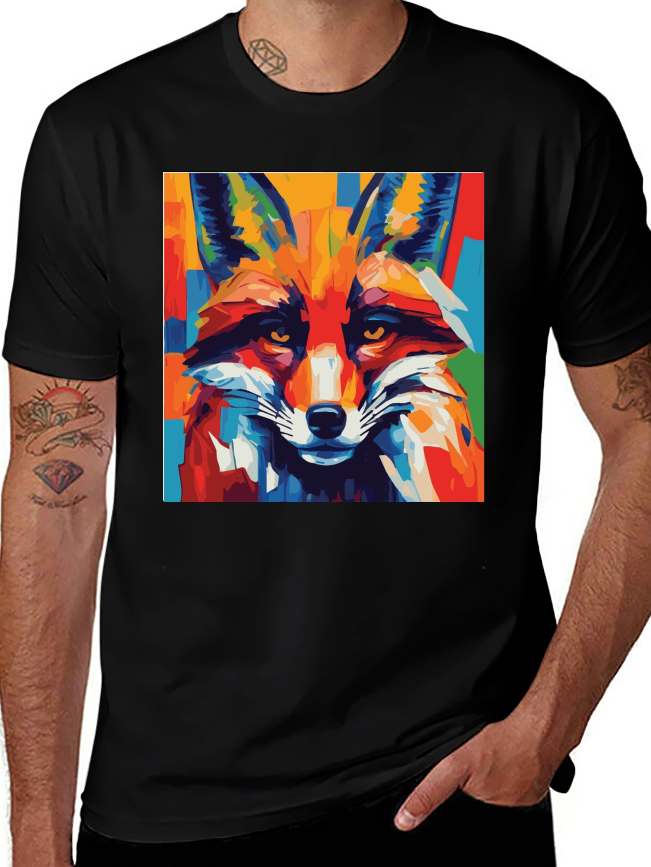 Black Abstract Fox Graphic Tee - Bold Animal Print Shirt main image