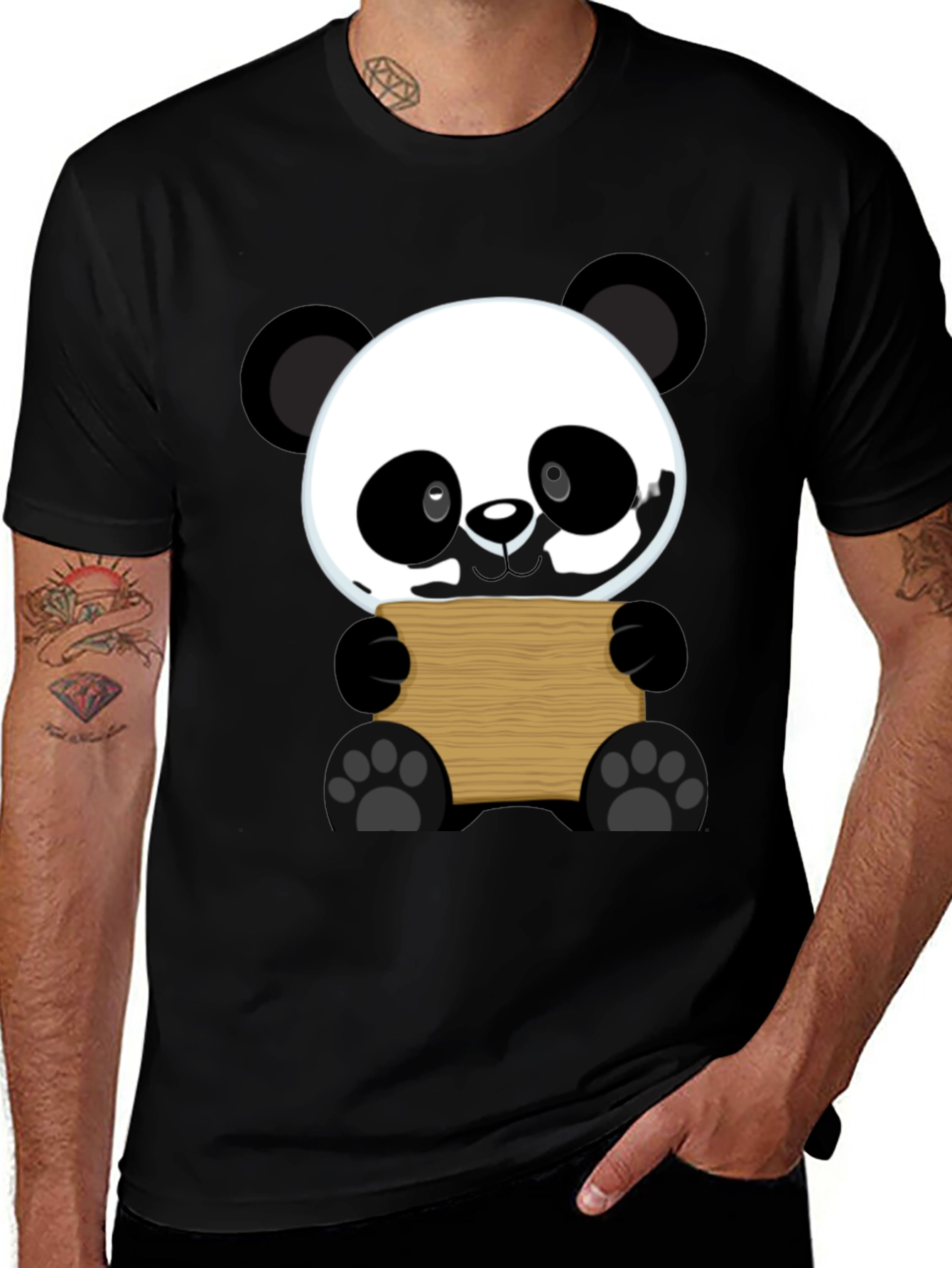 Variant 28 of Cute Panda Holding Sign Black T-Shirt