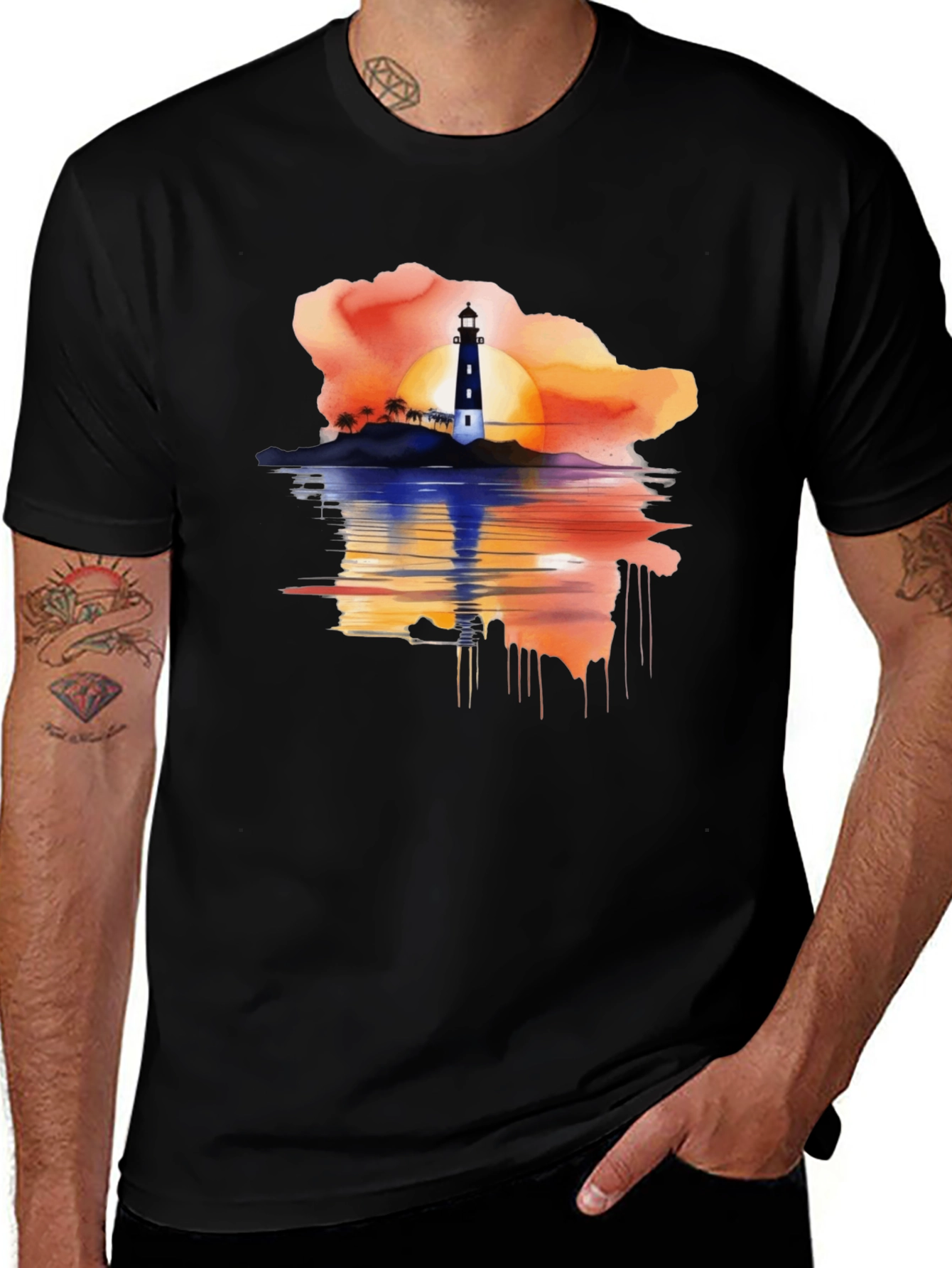 Variant 6 of Sunset Lighthouse Graphic Tee - Black Casual T-Shirt